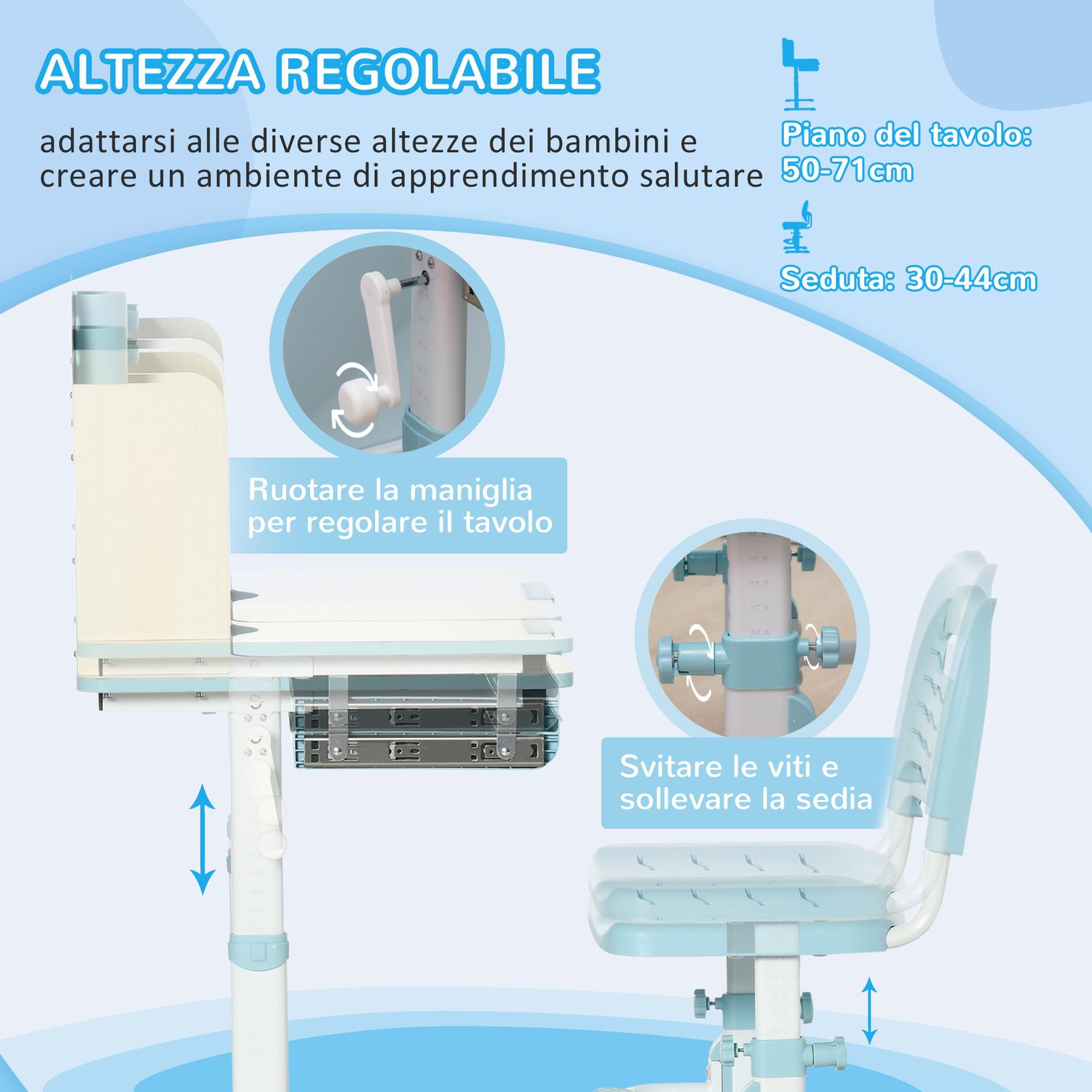 Set scrivania e sedia per bambini da 3 anni regolabile, tavolo inclinabile a 60° con cassetto e ripiani, blu - 