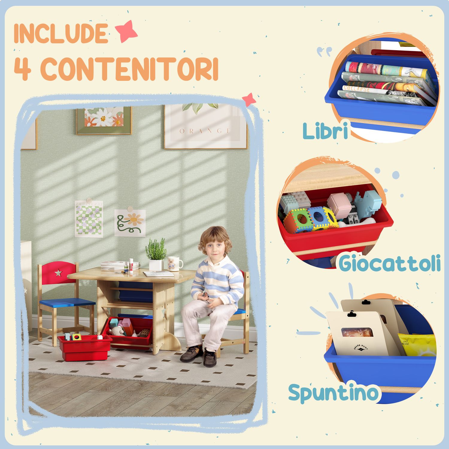 Set tavolo e sedie per bambini 3-7 anni con 2 sedie e tavolo con 4 contenitori, in legno e pp, color legno - 