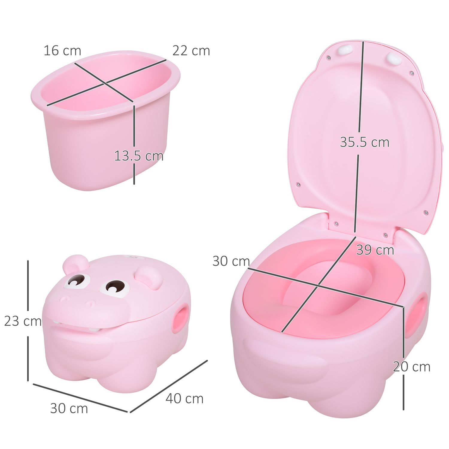 Vasino per bambini 6 mesi-48 mesi antiscivolo ippopotamo rosa (40x30x23cm) - 