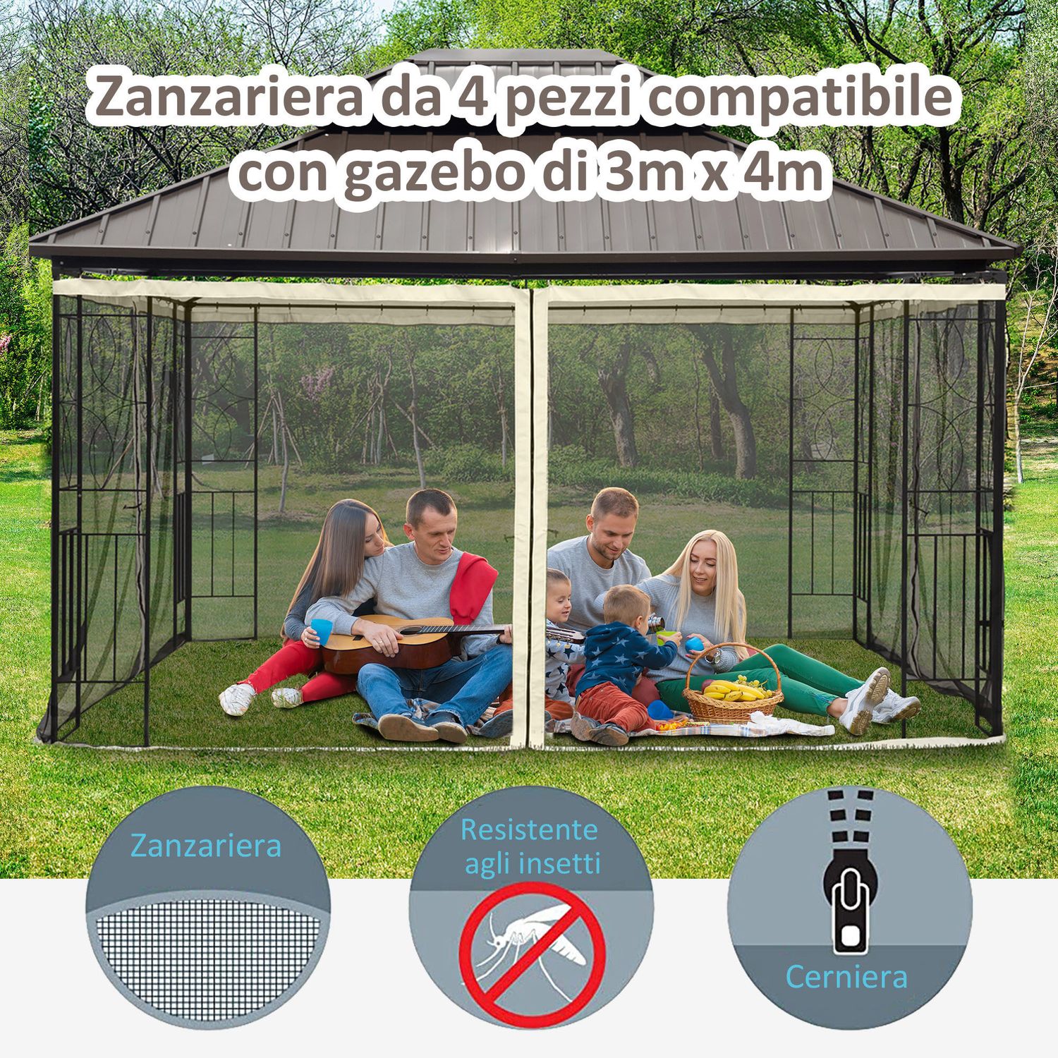 Zanzariera per gazebo tende di ricambio universale con cerniere, 352x207cm - nero e beige - 