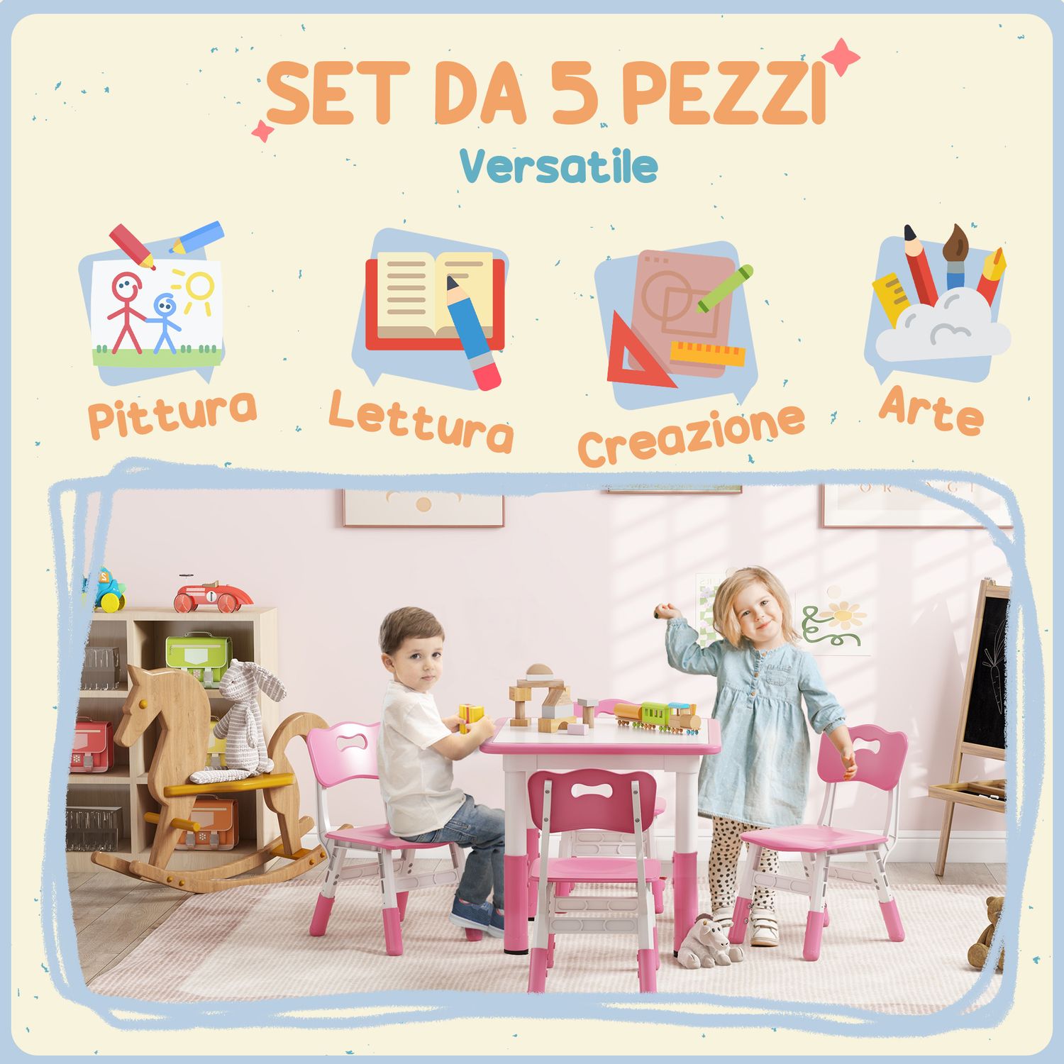 Set tavolo e sedie per bambini 5pz con 4 sedie regolabili 32x36x52.5-56 cm e tavolo 60x60x46-58 cm, rosa - 