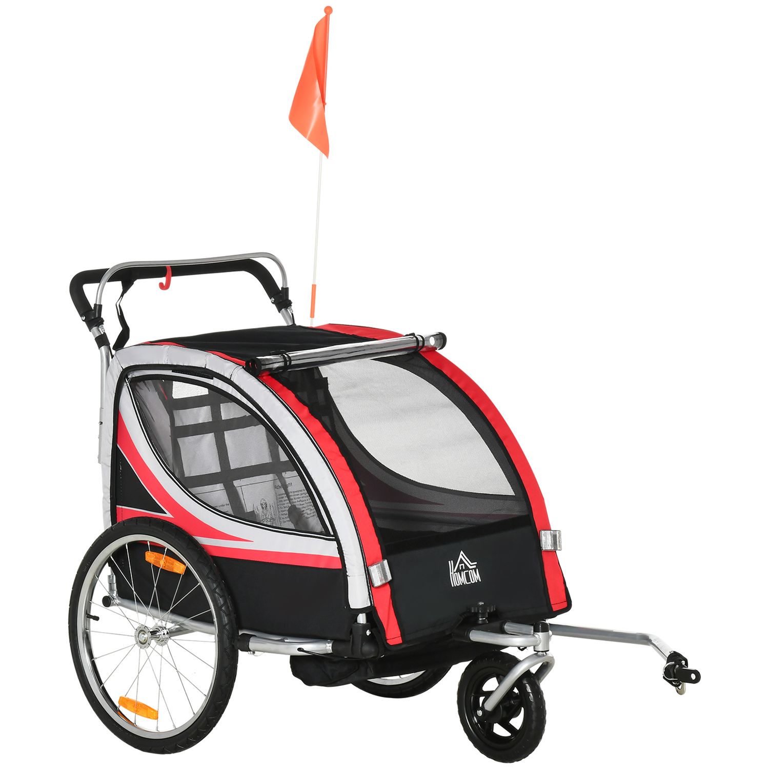 Rimorchio bici per bambini e passeggino, design 2 in 1 con freno, cintura a 5 punti, carrello rimorchio per bicicletta - 