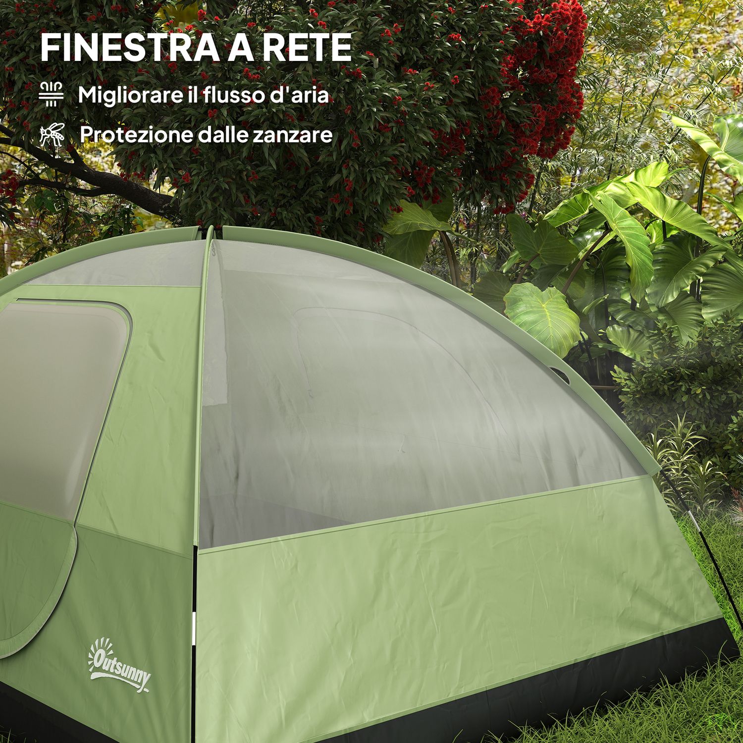Tenda da campeggio per 3 persone impermeabile con tasche, gancio per lanterna e borsa di trasporto, verde - 