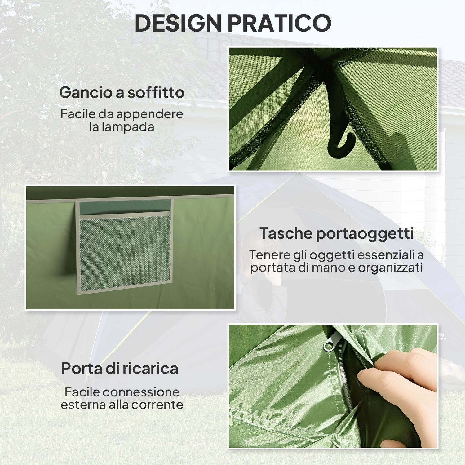 Tenda da campeggio per 3 persone impermeabile con tasche, gancio per lanterna e borsa di trasporto, verde - 