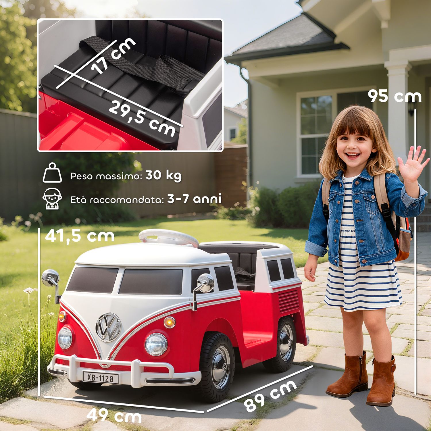 Auto elettrica per bambini licenza volkswagen t1 con lettore mp3, in metallo e pp, 89x49x41.5 cm, rosso - 