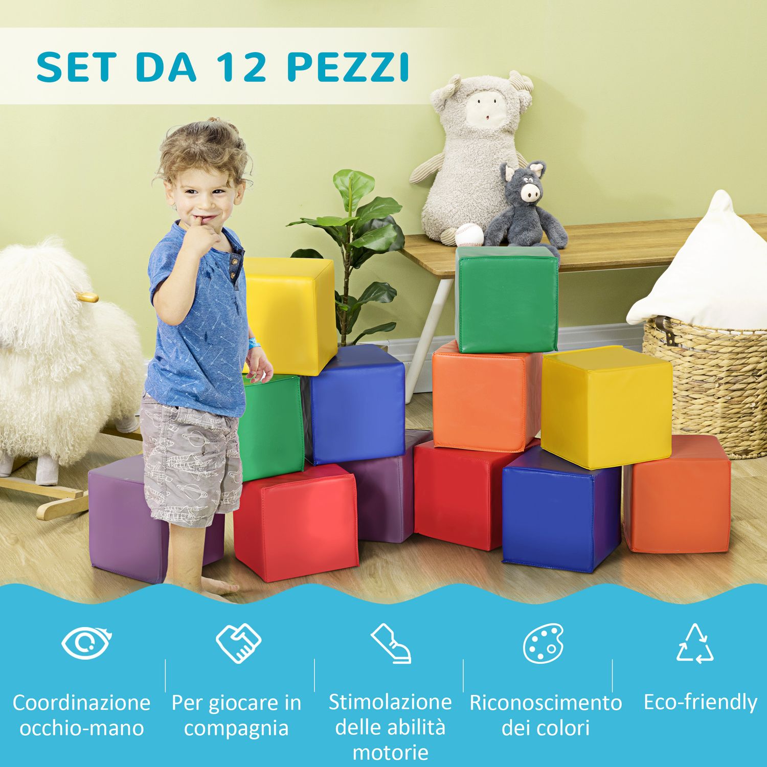 Set 12 cubi giocattolo morbidi per bambini 12-36 mesi, blocchi schiuma per bambini, costruzioni morbide in pu ed epe, 20x20x20 cm, multicolore - 