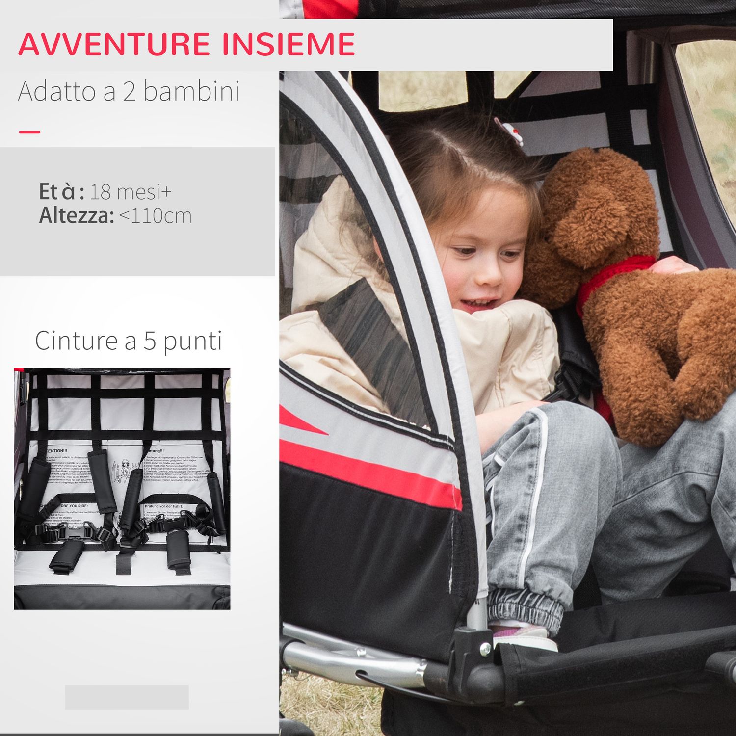 Rimorchio bici per bambini e passeggino, design 2 in 1 con freno, cintura a 5 punti, carrello rimorchio per bicicletta - 