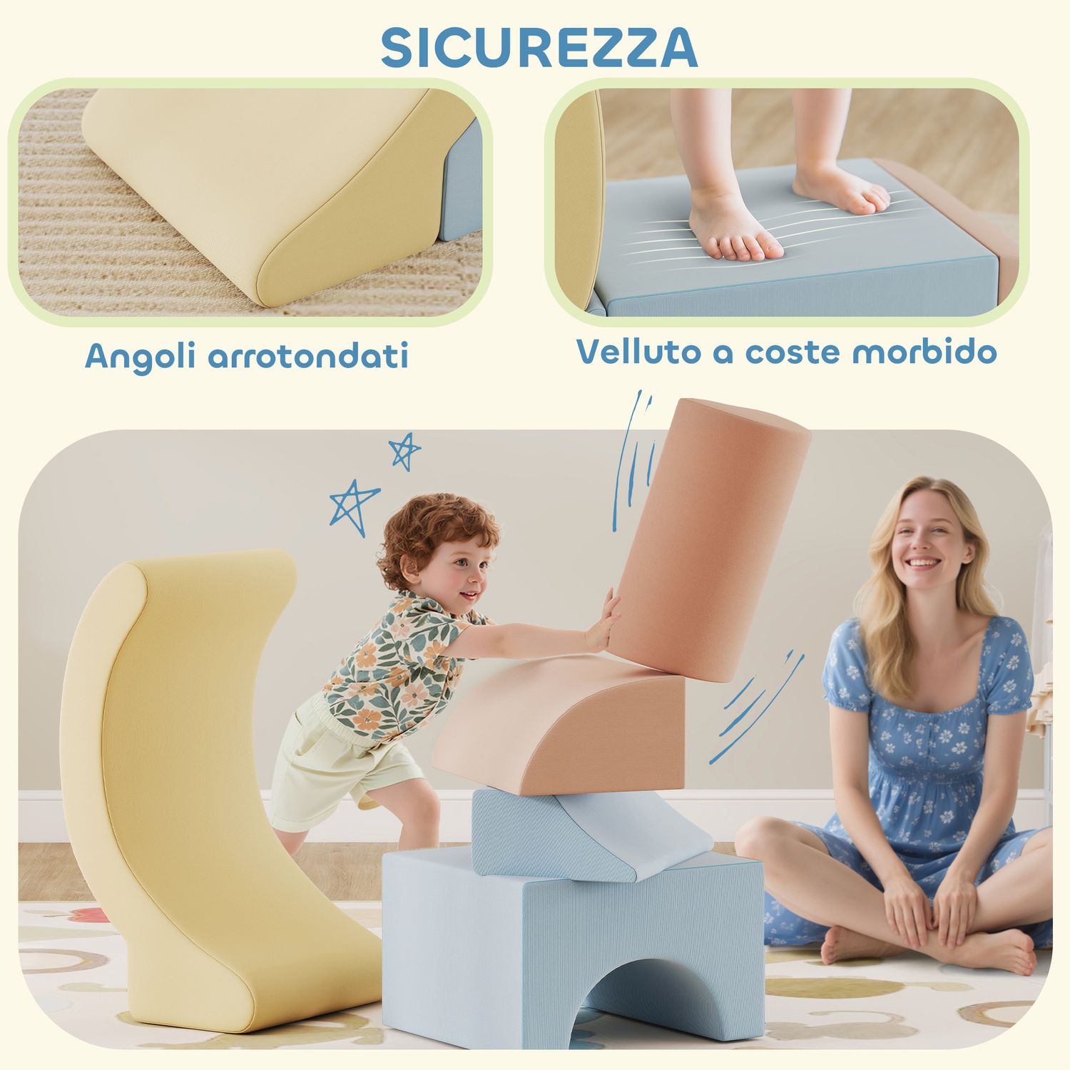 Set 5 costruzioni morbide per bambini 1.5-8 anni, in tessuto effetto velluto e spugna, multicolore - 