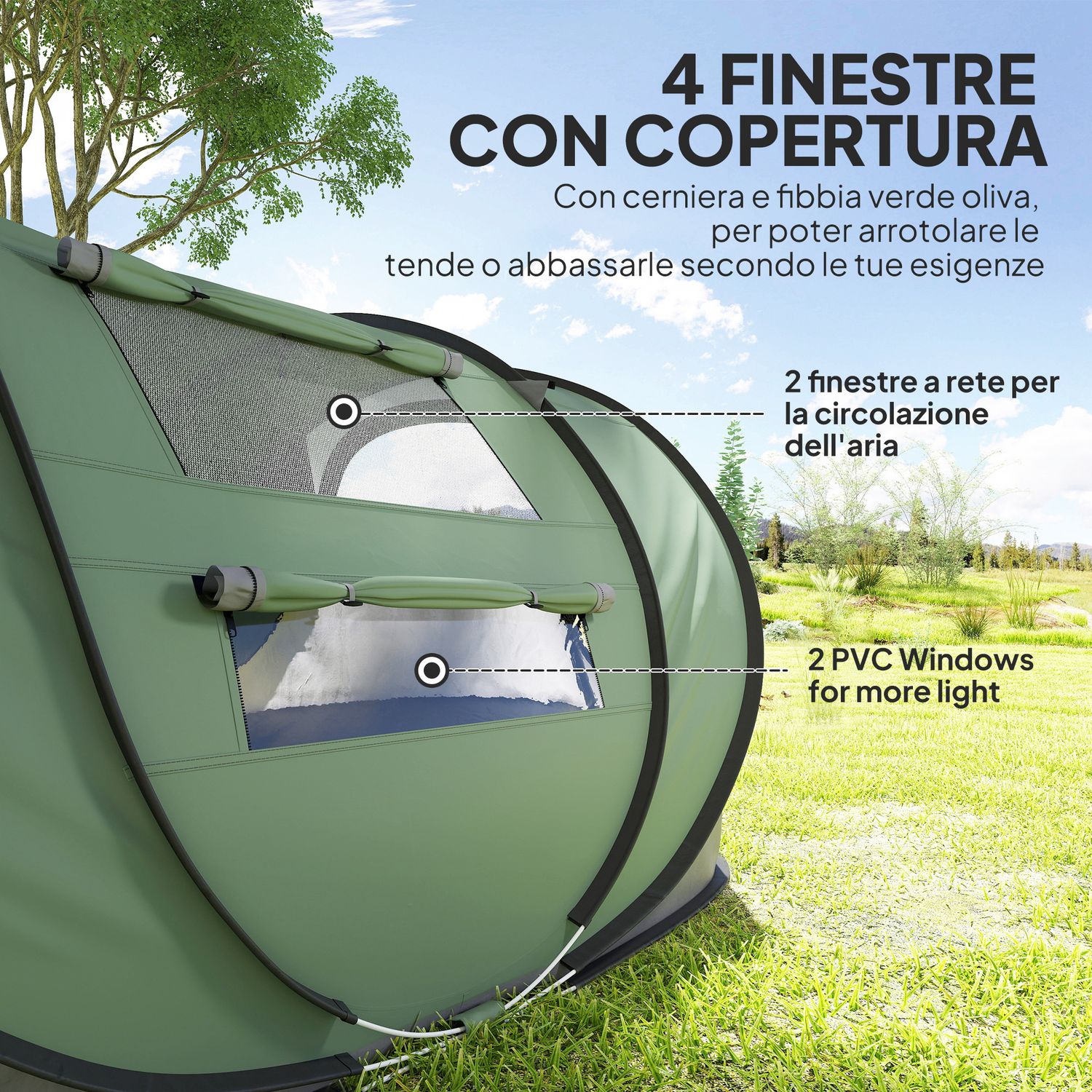 Tenda da campeggio pop up 2 posti con 2 porte, 4 finestre e telo impermeabile, 263.5x220x123 cm, verde scuro - 