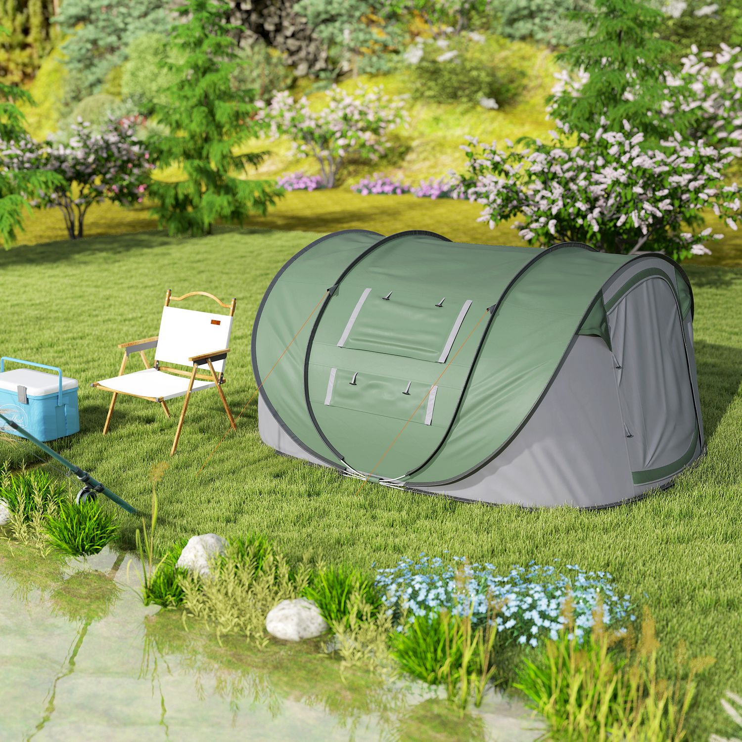 Tenda da campeggio pop up 2 posti con 2 porte, 4 finestre e telo impermeabile, 263.5x220x123 cm, verde scuro - 