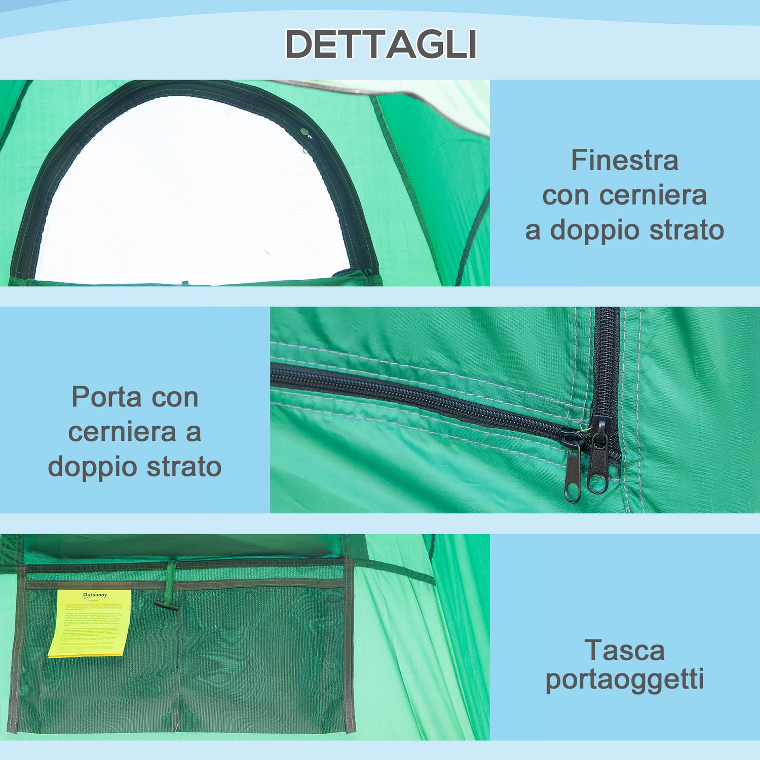 Tenda doccia da campeggio con borsa per trasporto e tasca portaoggetti 122x122x213cm, verde - 
