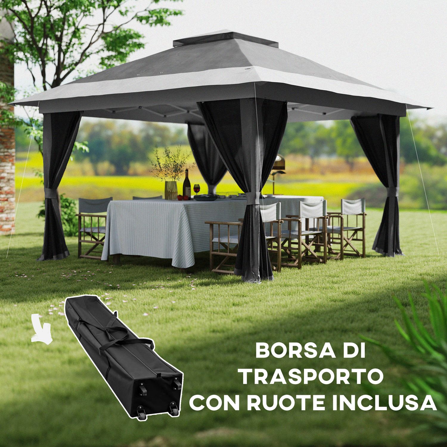 Gazebo pieghevole 3.6x3.6 m con pareti, altezza regolabile e protezione upf50+, borsa con ruote, grigio - 
