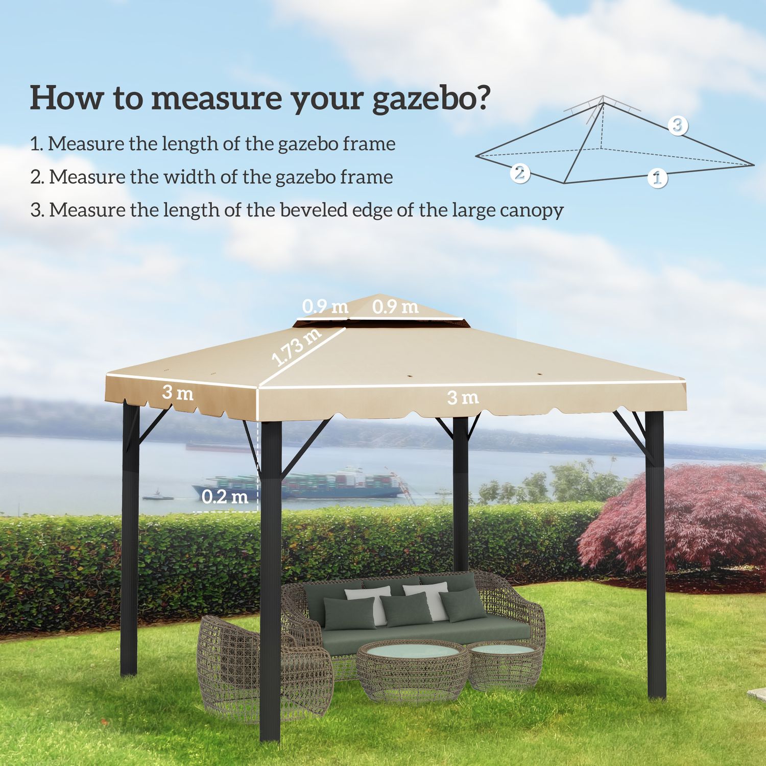 Tettuccio di ricambio per gazebo da giardino 3x3m con tetto a 2 livelli in poliestere beige - 