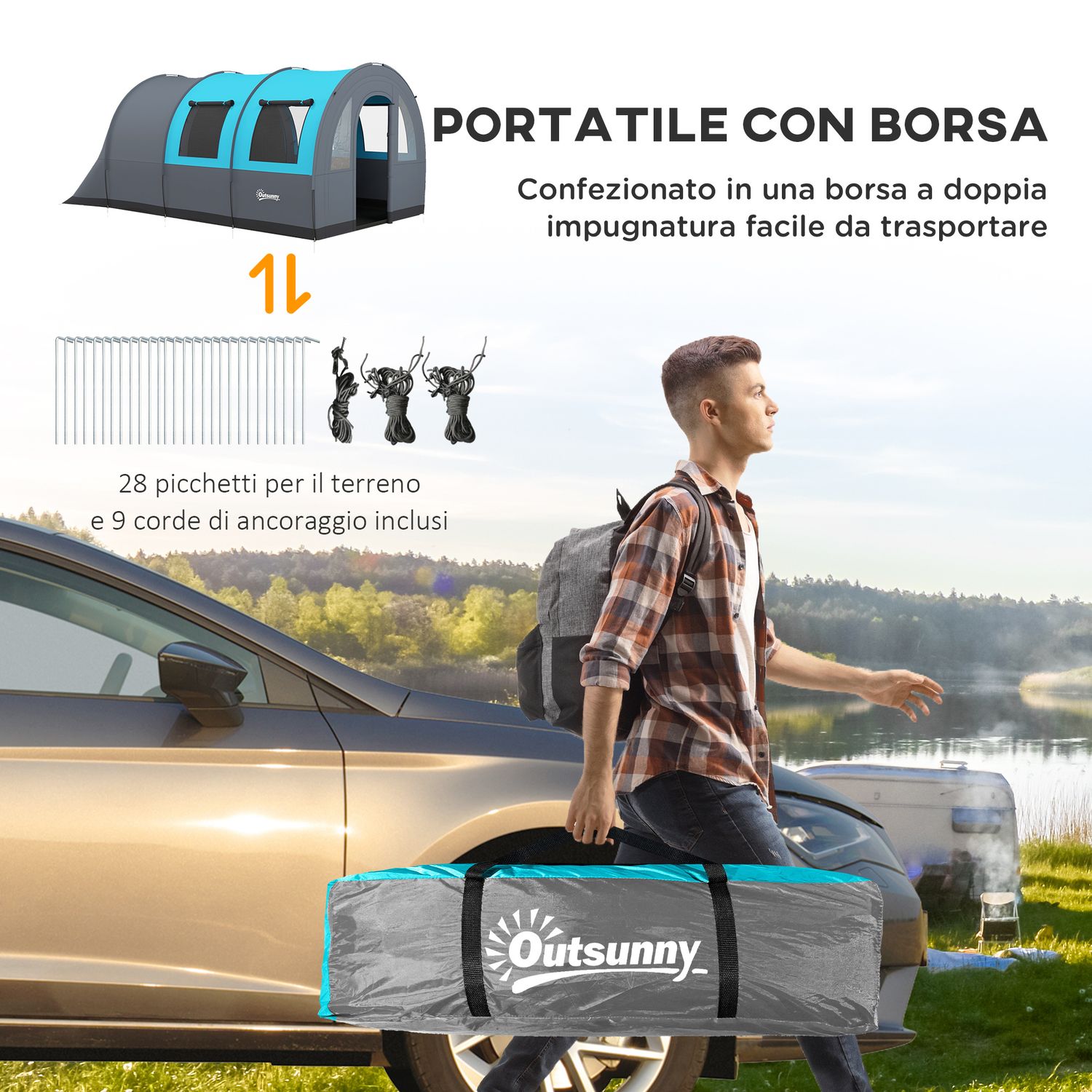Tenda da campeggio 3 posti impermeabile con zona notte e giorno, in poliestere, 480x260x200 cm, grigio e blu - 