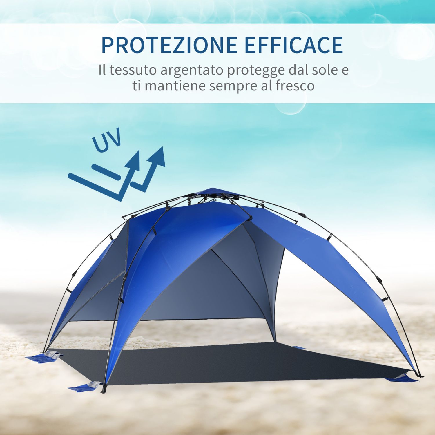 Tenda da spiaggia pop up per 4-6 persone con protezione uv, borsa di trasporto, 247x247x145cm, blu - 