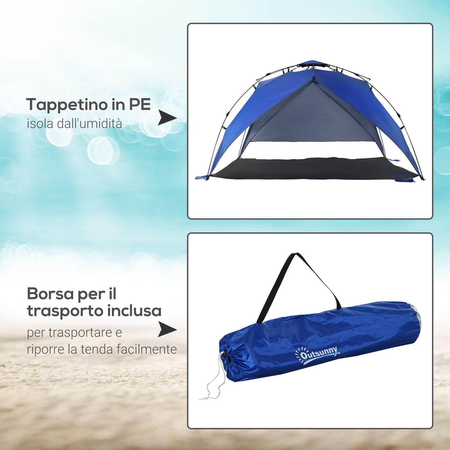 Tenda da spiaggia pop up per 4-6 persone con protezione uv, borsa di trasporto, 247x247x145cm, blu - 