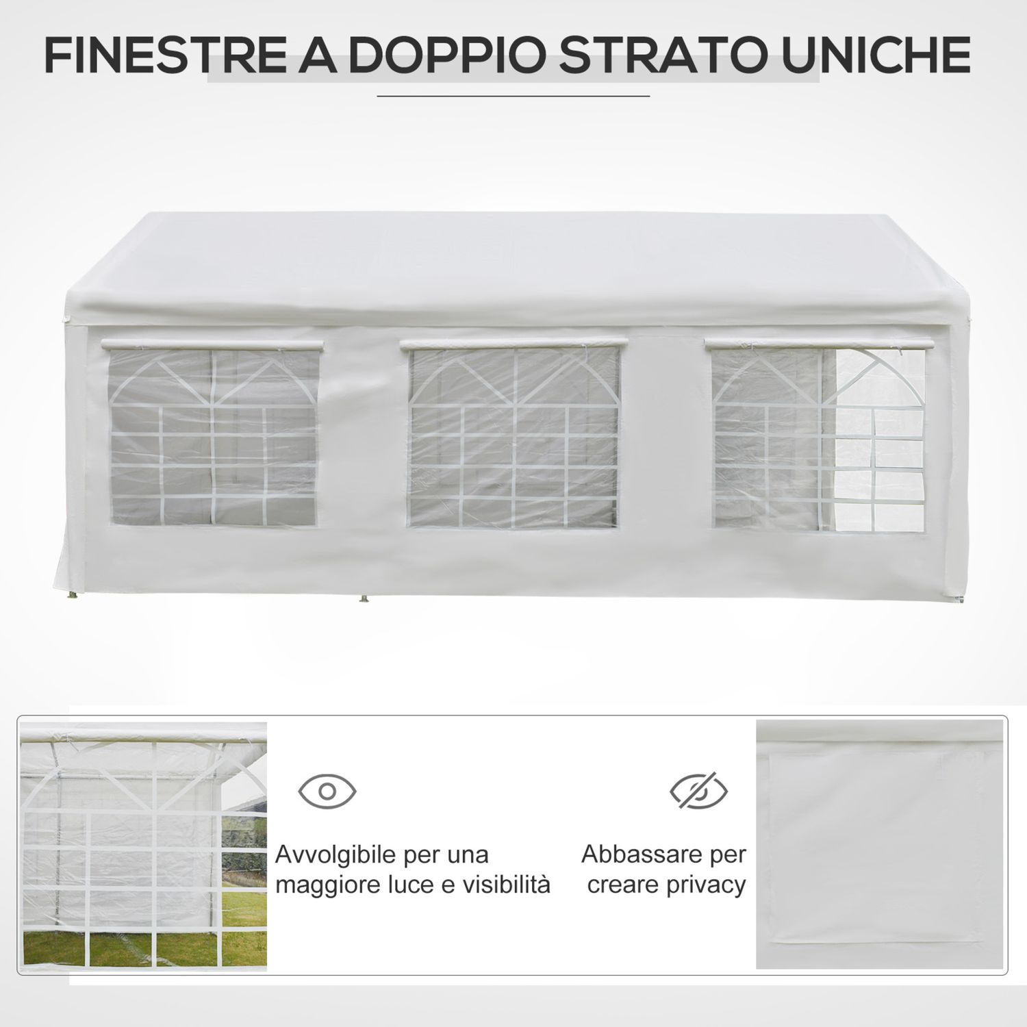 Gazebo da giardino 6x3 m con finestre laterali, 3 stanze e porte a cerniera, bianco - 