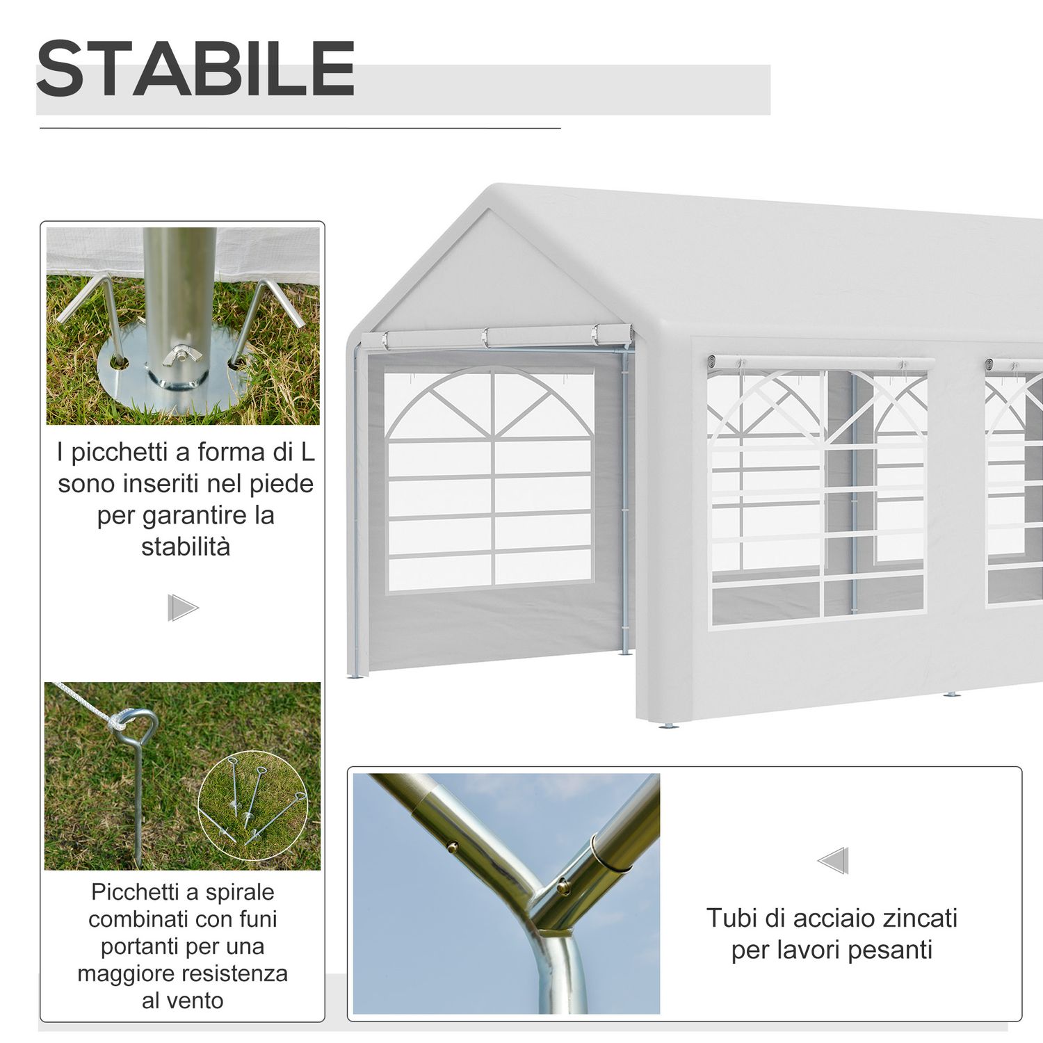 Gazebo da giardino 6x3 m con finestre laterali, 3 stanze e porte a cerniera, bianco - 