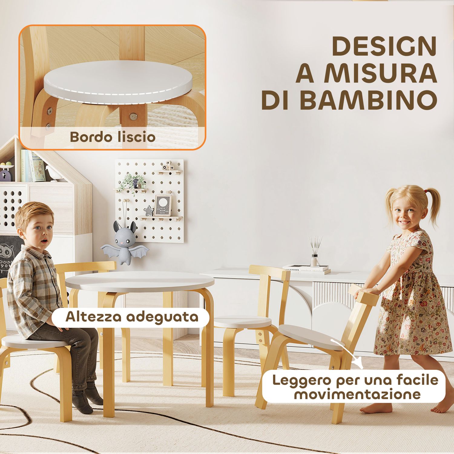 Set tavolo e sedie per bambini 3-8 anni 5 pz con bordi arrotondati in legno bianco - 
