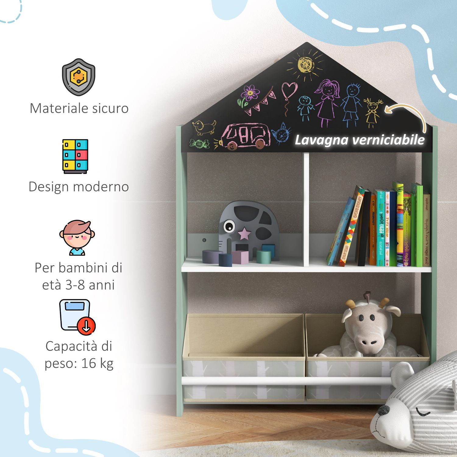 Scaffale portagiochi per bambini con ripiani e cassetti rimovibili, verde - 