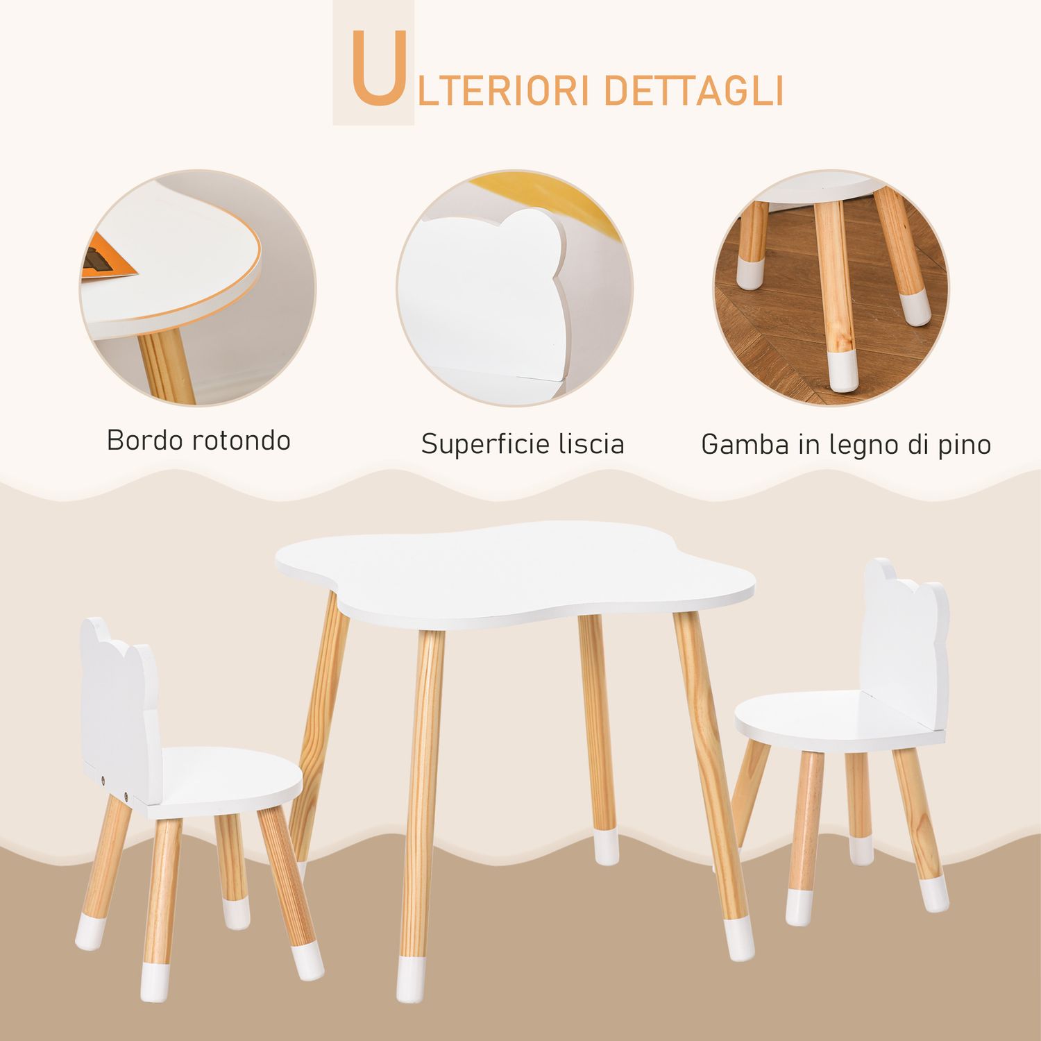 Set tavolino con 2 sedie per bambini a forma di orsetto in legno, bianco - 