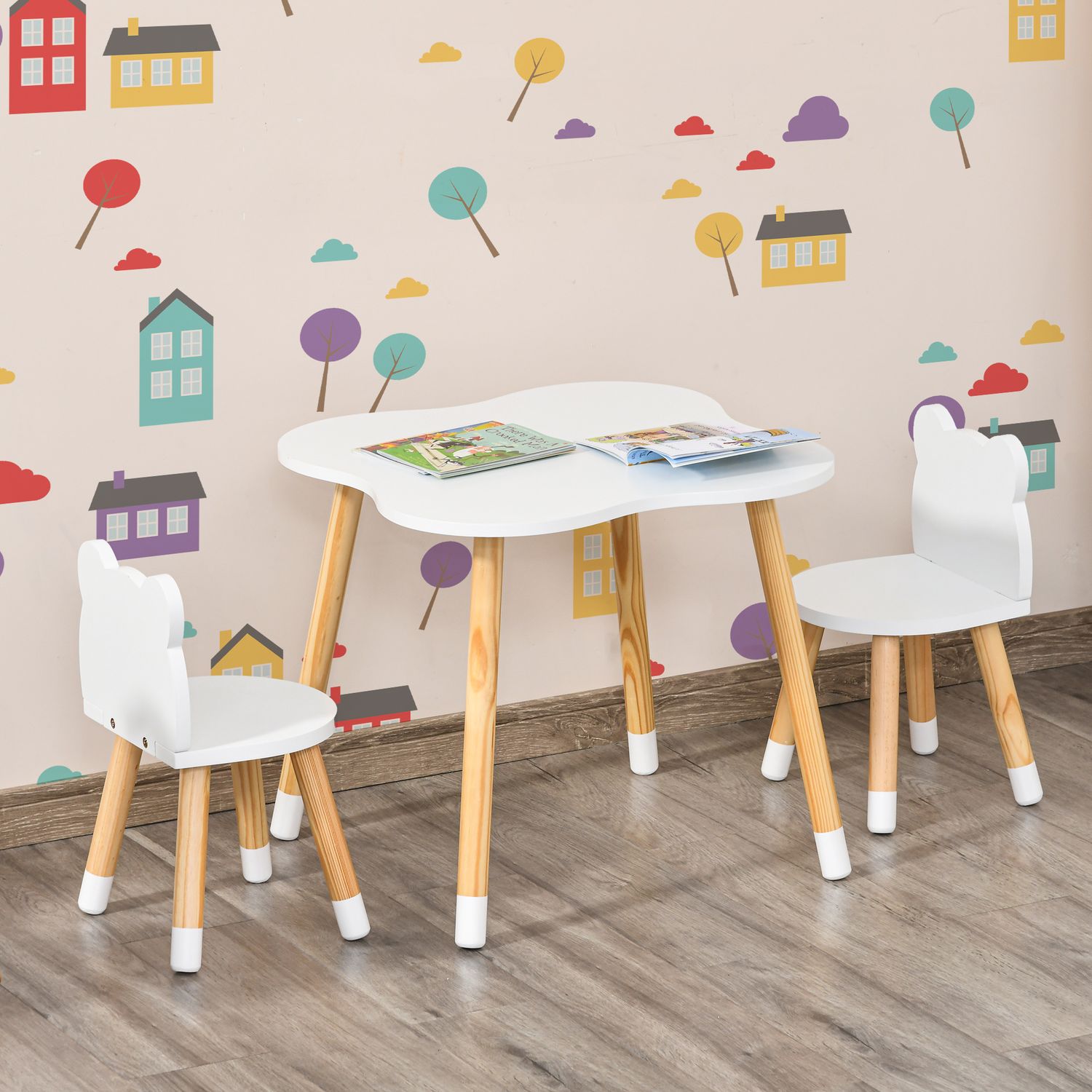 Set tavolino con 2 sedie per bambini a forma di orsetto in legno, bianco - 