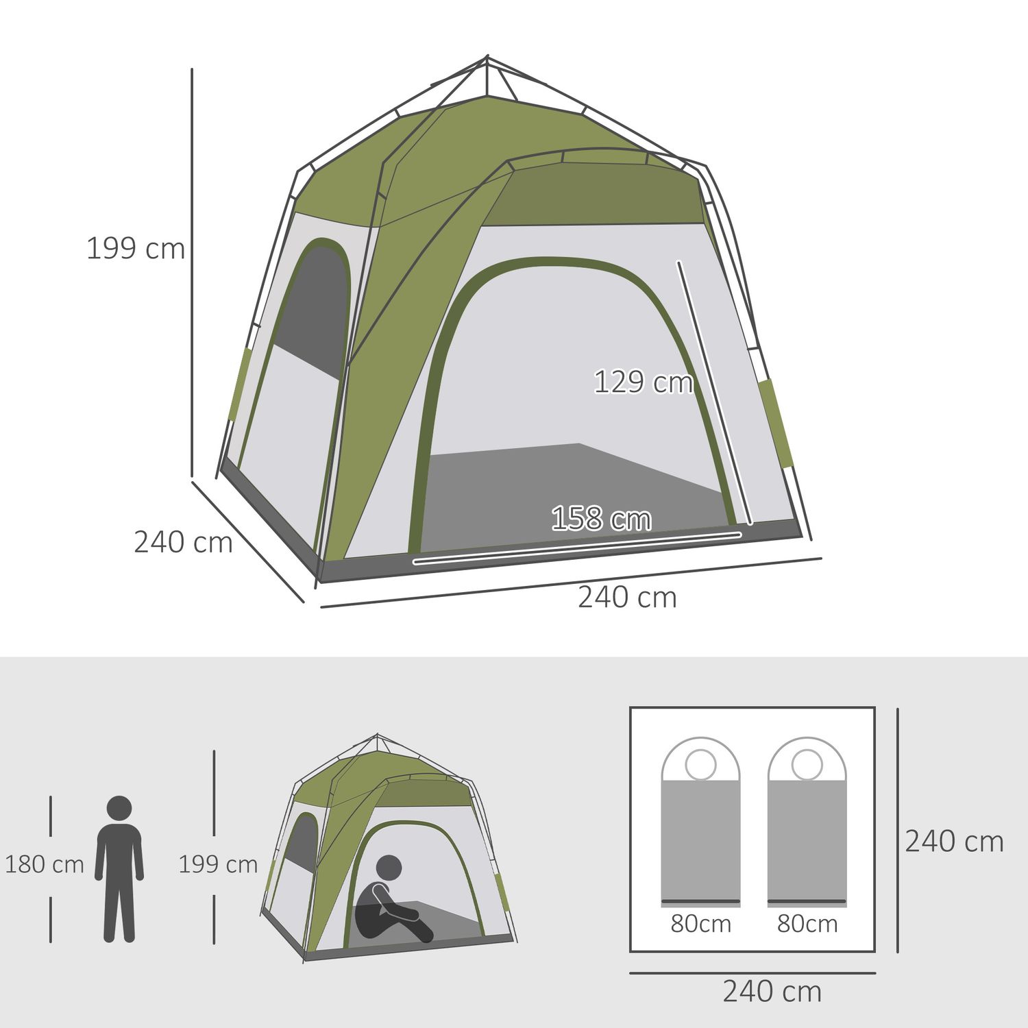 Tenda da campeggio 2 posti pop up con porta a cerniera e 3 finestre, 240x240x199 cm, verde - 