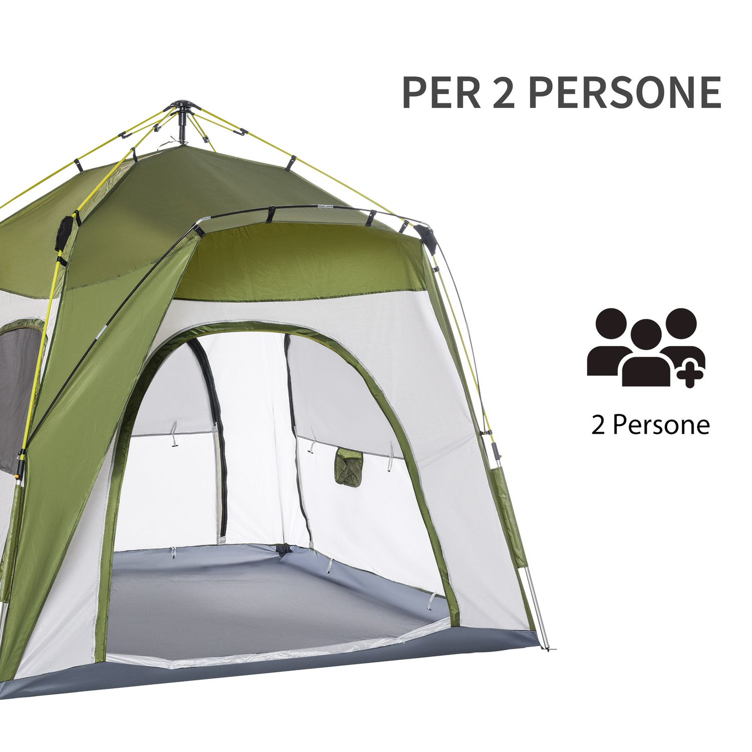 Tenda da campeggio 2 posti pop up con porta a cerniera e 3 finestre, 240x240x199 cm, verde - 