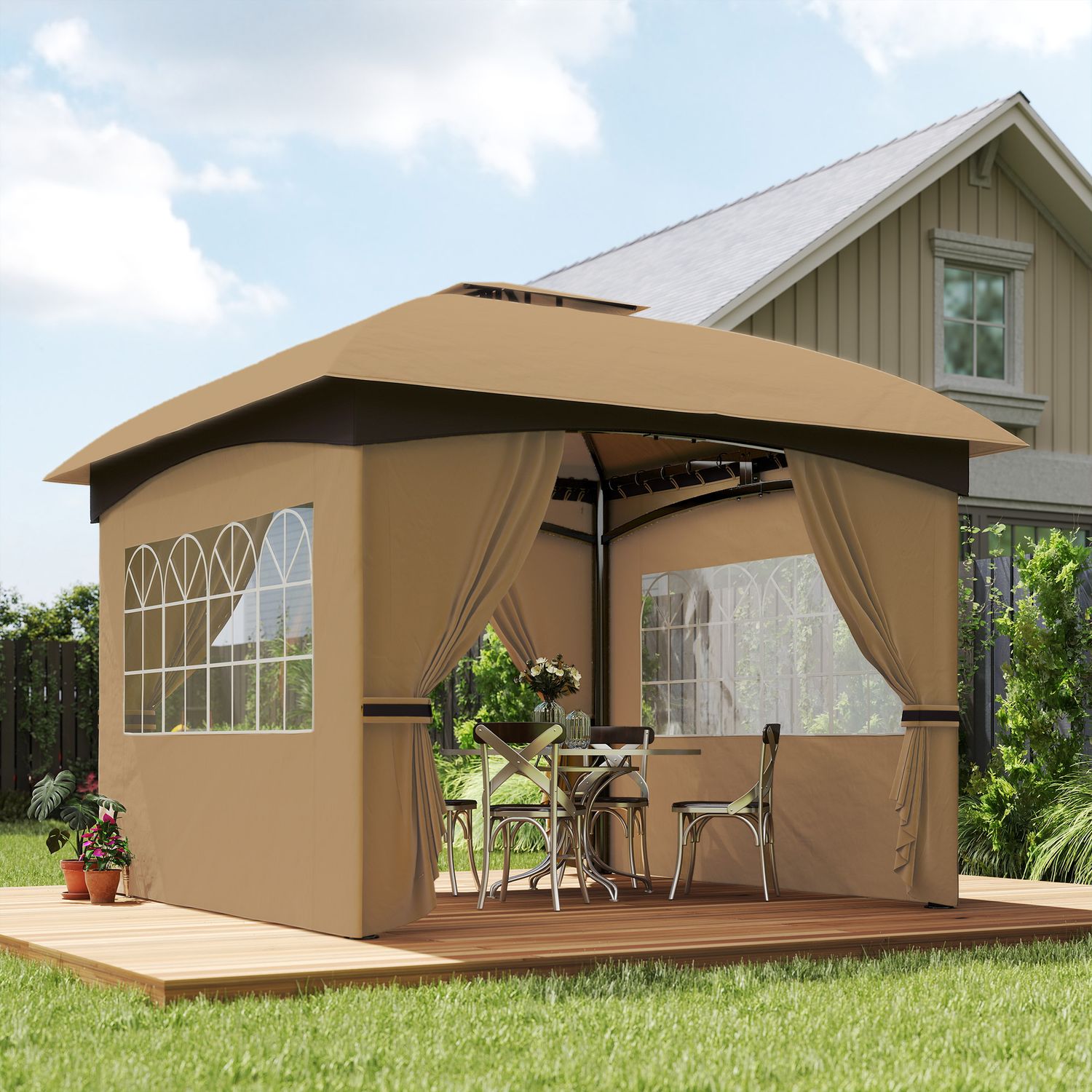 Gazebo da giardino 3.4x3.4m con pareti, protezione uv e tetto a 2 livelli, beige - 