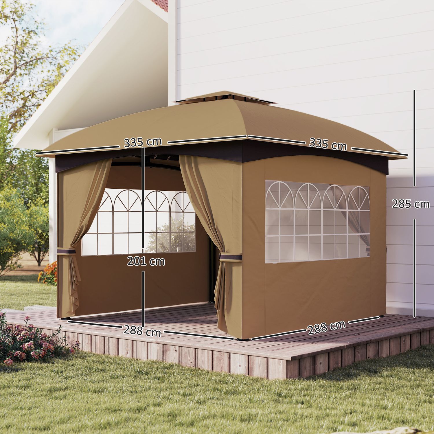 Gazebo da giardino 3.4x3.4m con pareti, protezione uv e tetto a 2 livelli, beige - 