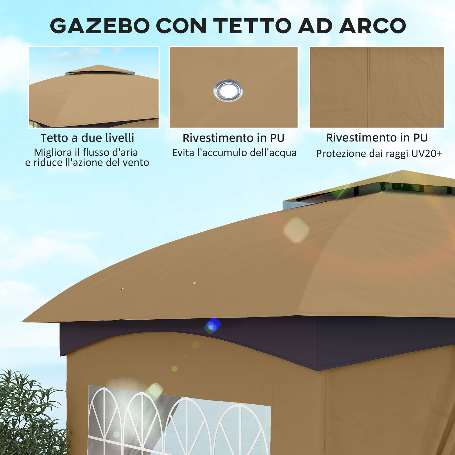 Gazebo da giardino 3.4x3.4m con pareti, protezione uv e tetto a 2 livelli, beige - 