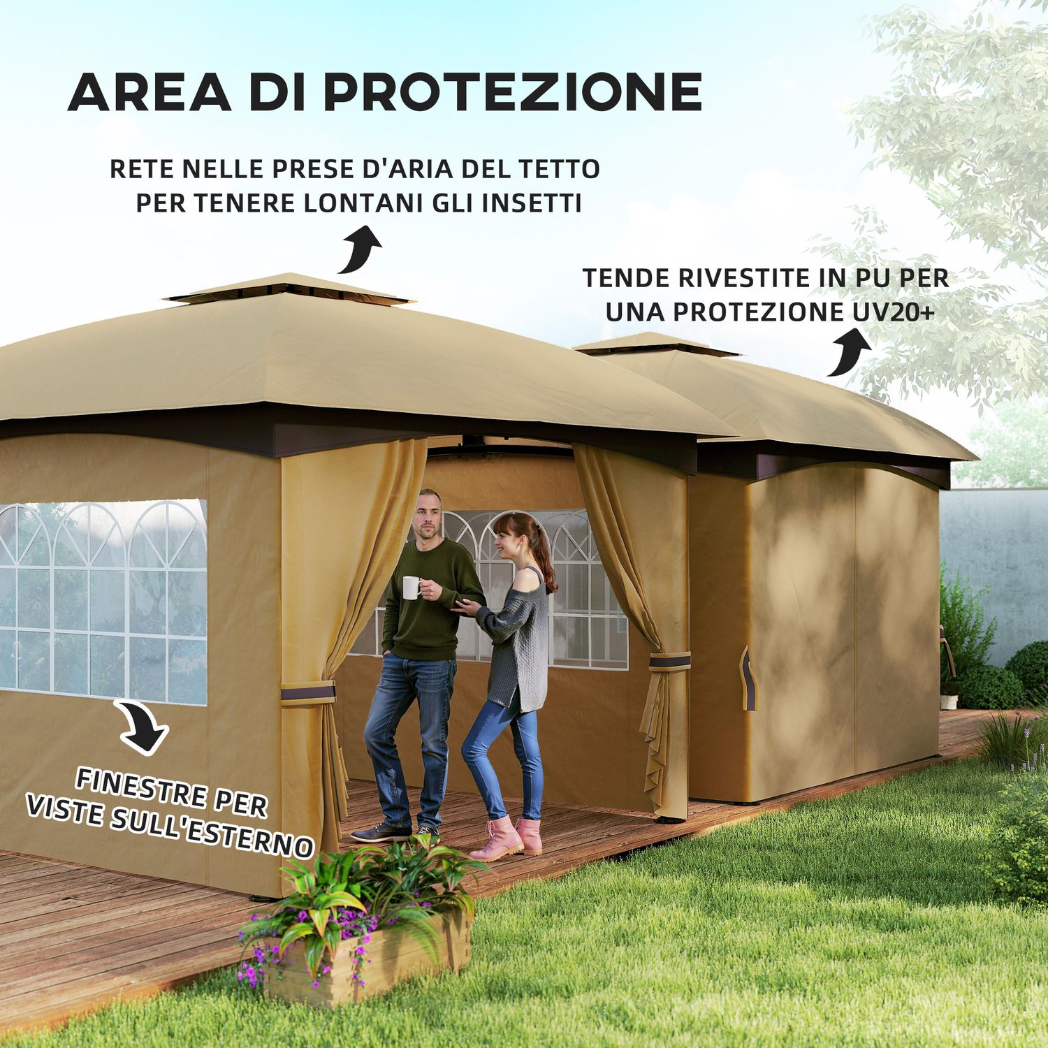 Gazebo da giardino 3.4x3.4m con pareti, protezione uv e tetto a 2 livelli, beige - 