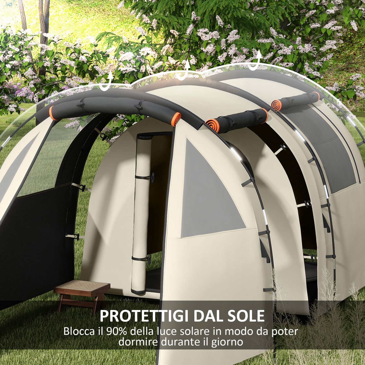 Tenda da campeggio 4-5 persone con copertura oscurante, impermeabile con borsa di trasporto, kaki - 