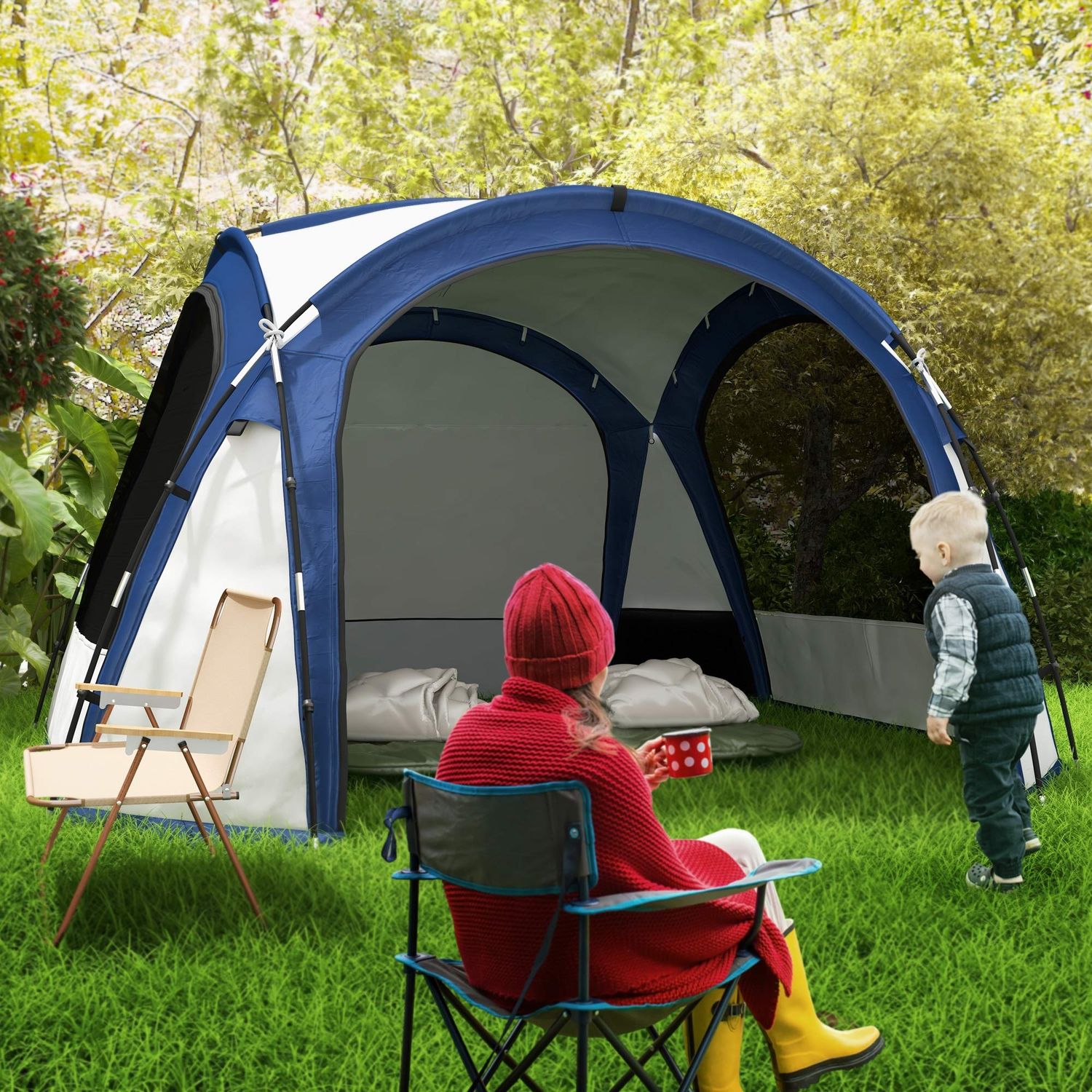 Tenda da campeggio 4-5 posti con 4 porte a cerniera, zanzariera e gancio, 350x350x230cm, bianca e blu - 
