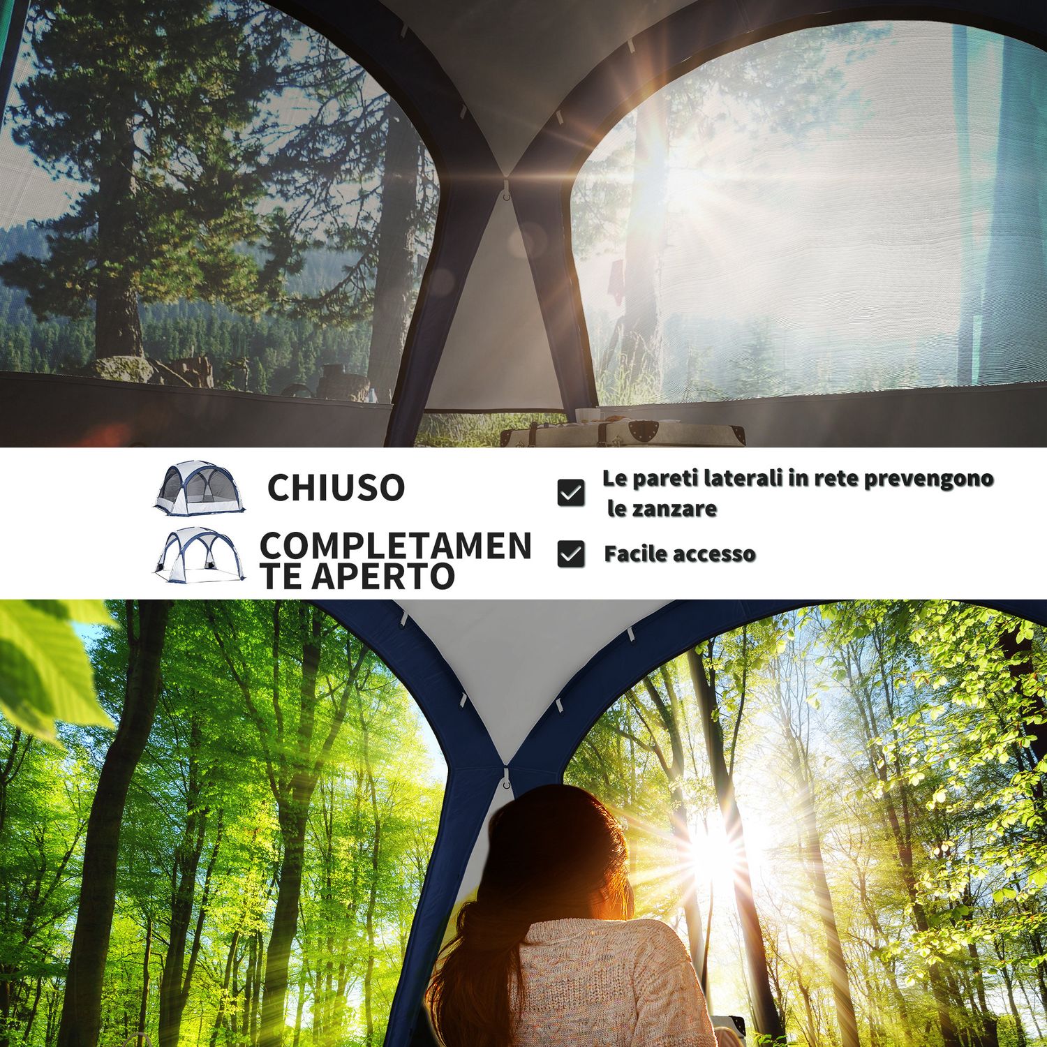 Tenda da campeggio 4-5 posti con 4 porte a cerniera, zanzariera e gancio, 350x350x230cm, bianca e blu - 