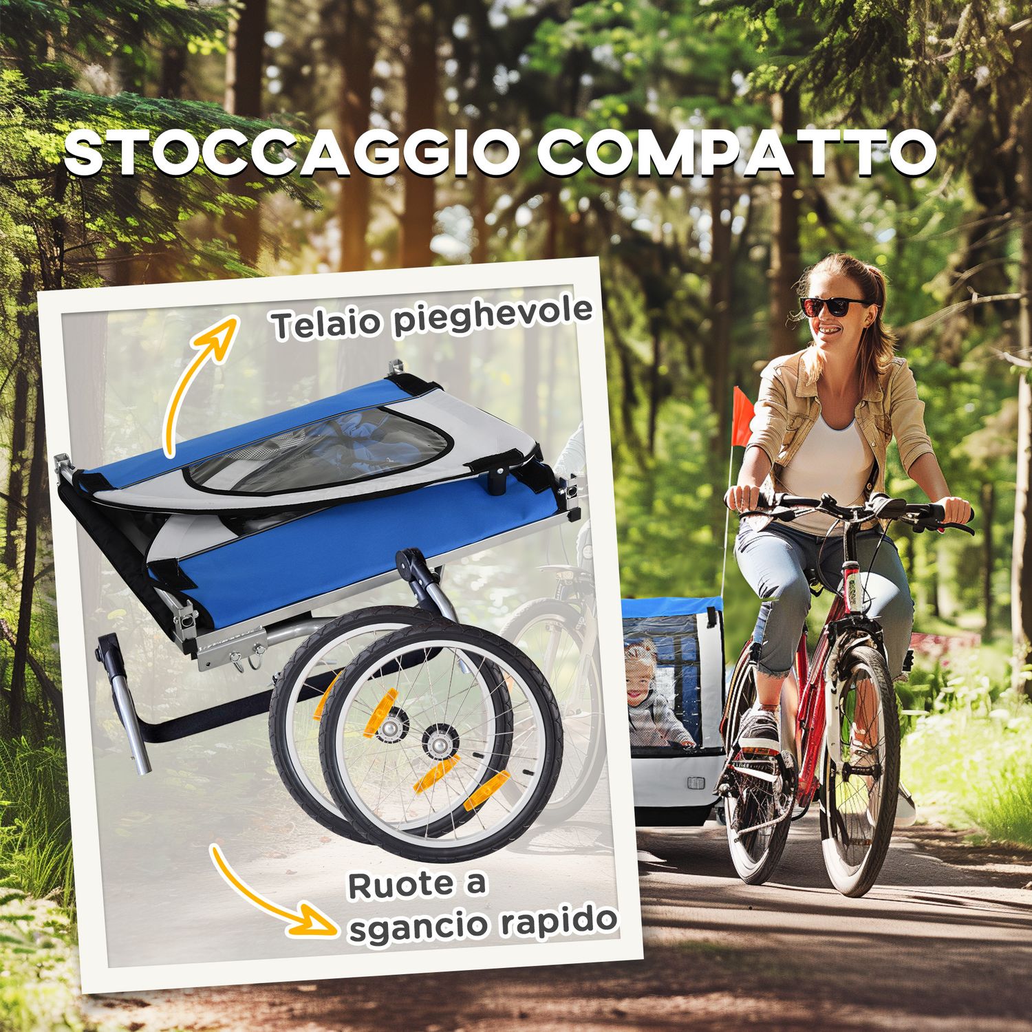 Rimorchio bici bambini con 2 posti, 2 cinture di sicurezza, telaio in acciaio e copertura in tessuto oxford blu - 