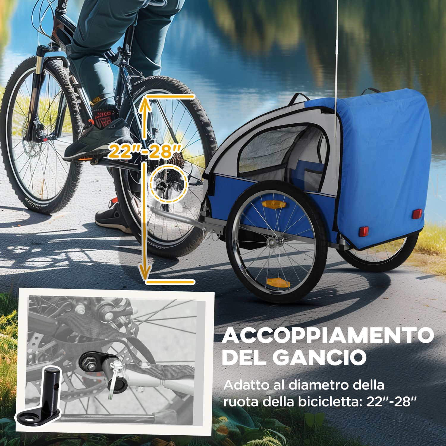 Rimorchio bici bambini con 2 posti, 2 cinture di sicurezza, telaio in acciaio e copertura in tessuto oxford blu - 