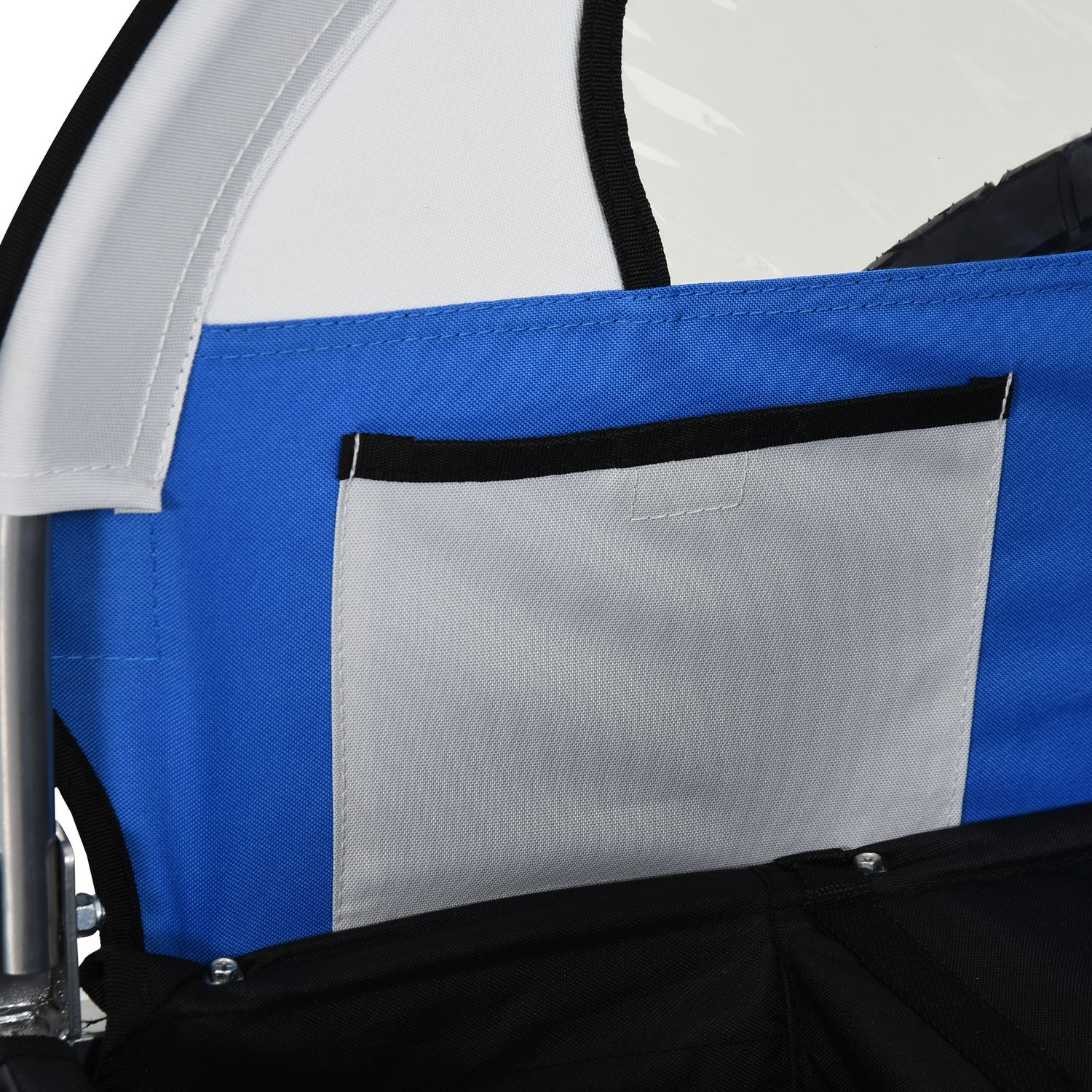 Rimorchio bici bambini con 2 posti, 2 cinture di sicurezza, telaio in acciaio e copertura in tessuto oxford blu - 