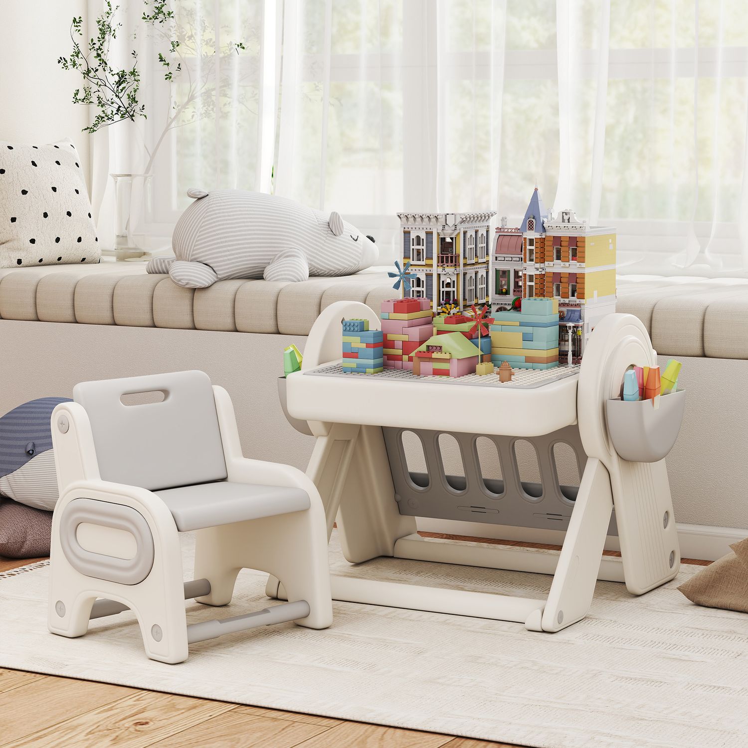 Tavolo multiuso per bambini con ripiano contenitore e cassetti, in hdpe e pp, grigio e bianco - 