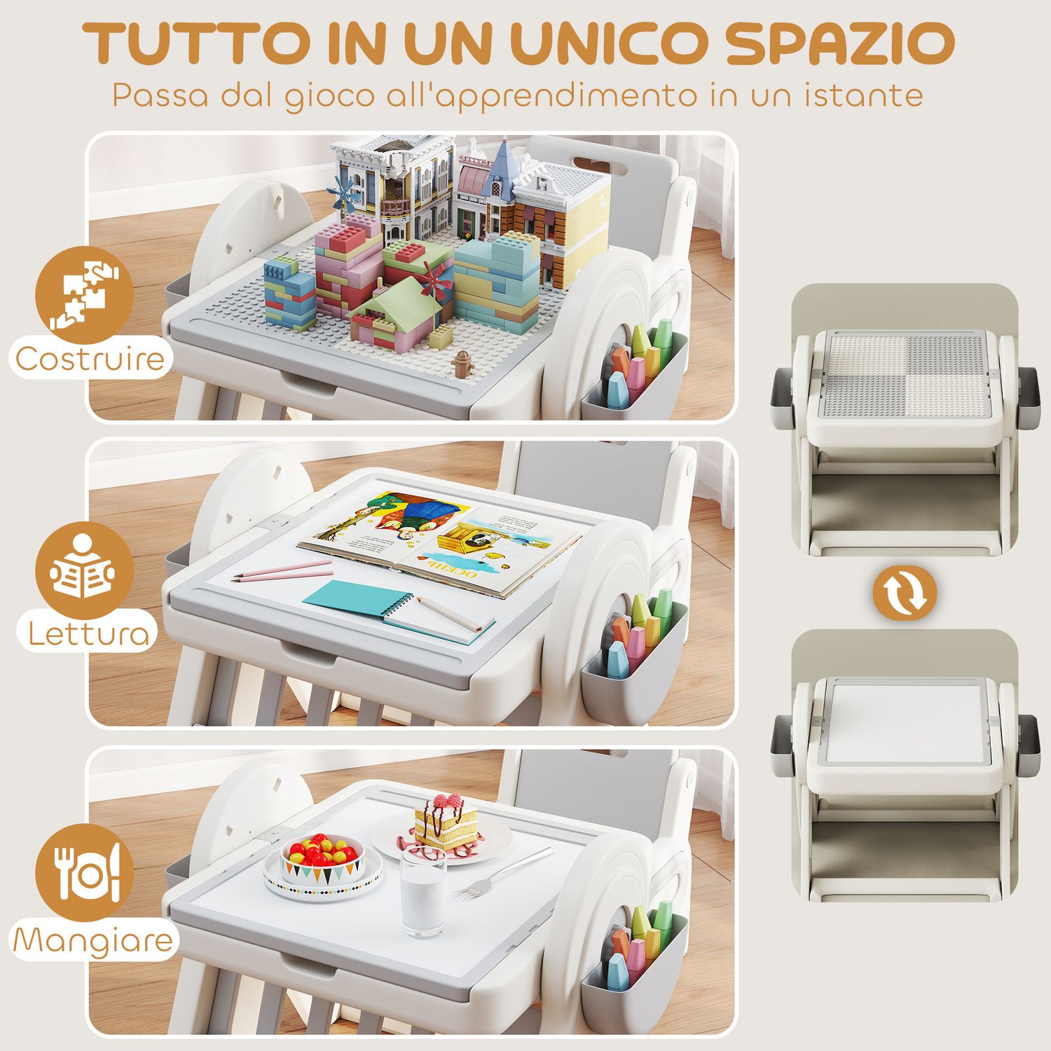 Tavolo multiuso per bambini con ripiano contenitore e cassetti, in hdpe e pp, grigio e bianco - 