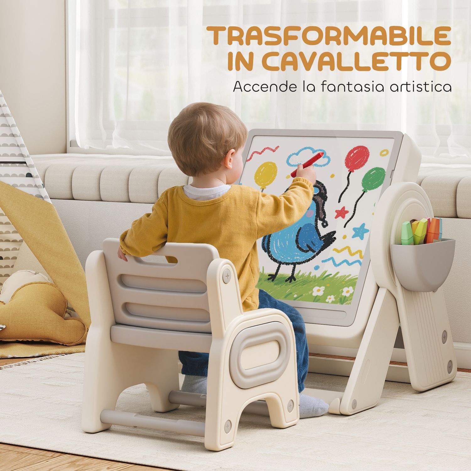 Tavolo multiuso per bambini con ripiano contenitore e cassetti, in hdpe e pp, grigio e bianco - 