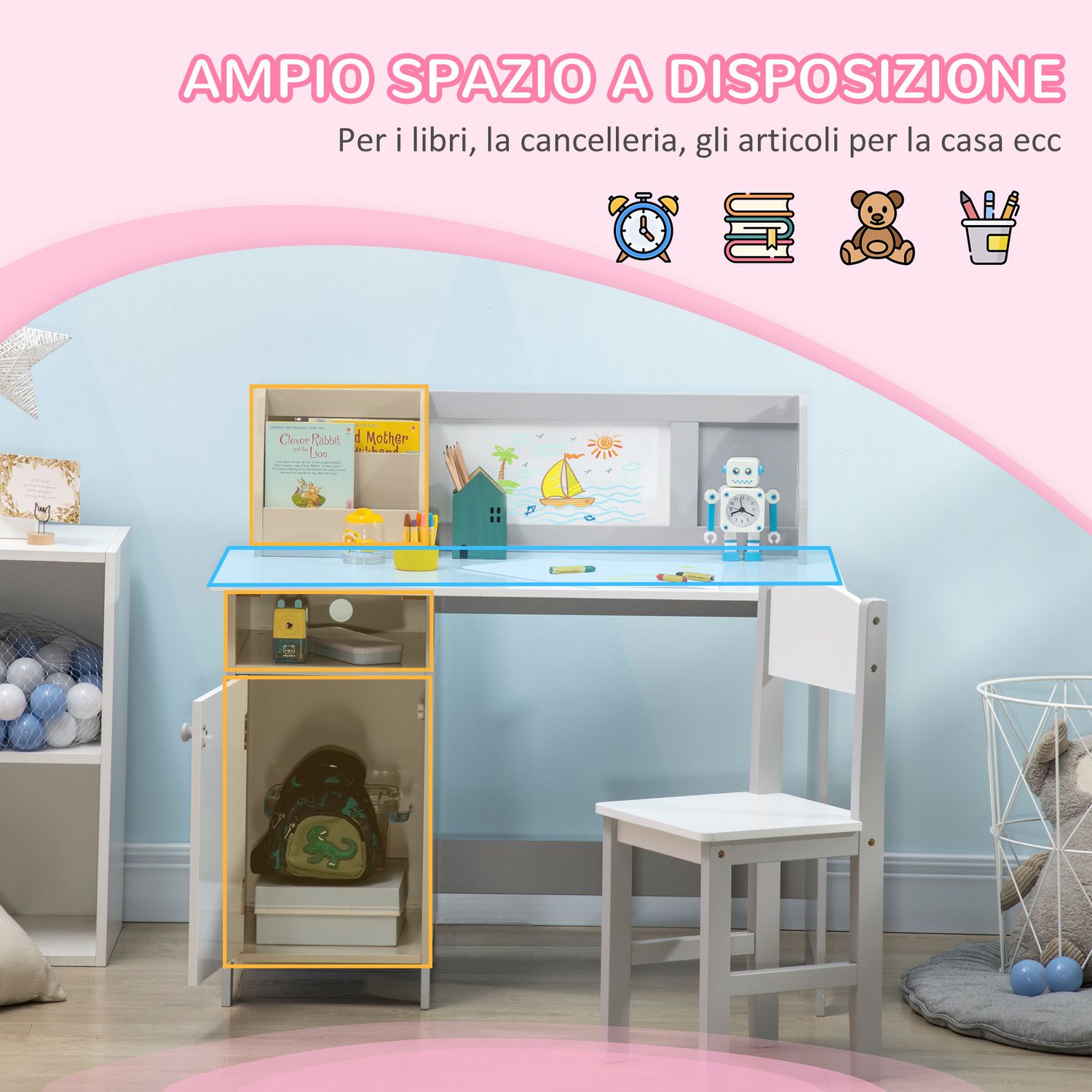 Set tavolo e sedie per bambini 5+ anni in legno con banco scuola e sedia bianco e grigio - 