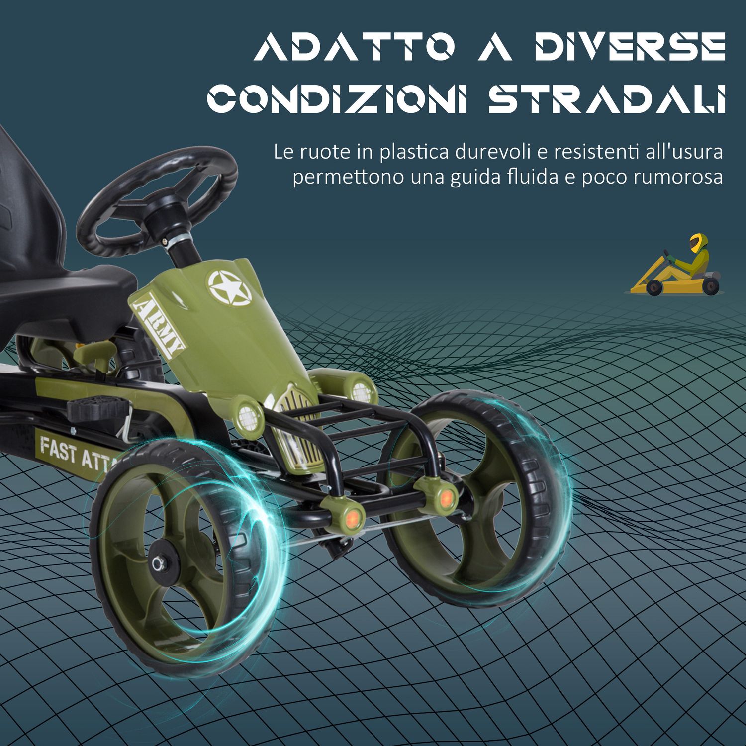 Go kart a pedali per bambini da 3-6 anni con sedile regolabile e freno a mano, verde - 