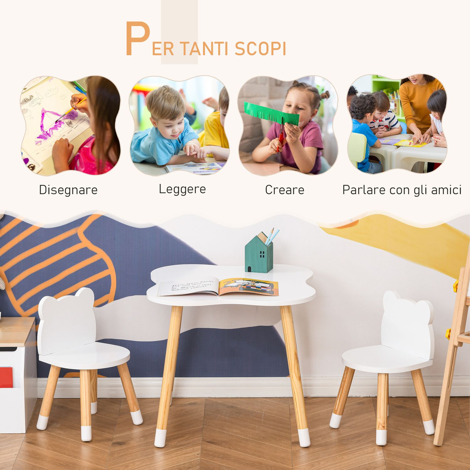 Set tavolino con 2 sedie per bambini a forma di orsetto in legno, bianco - 