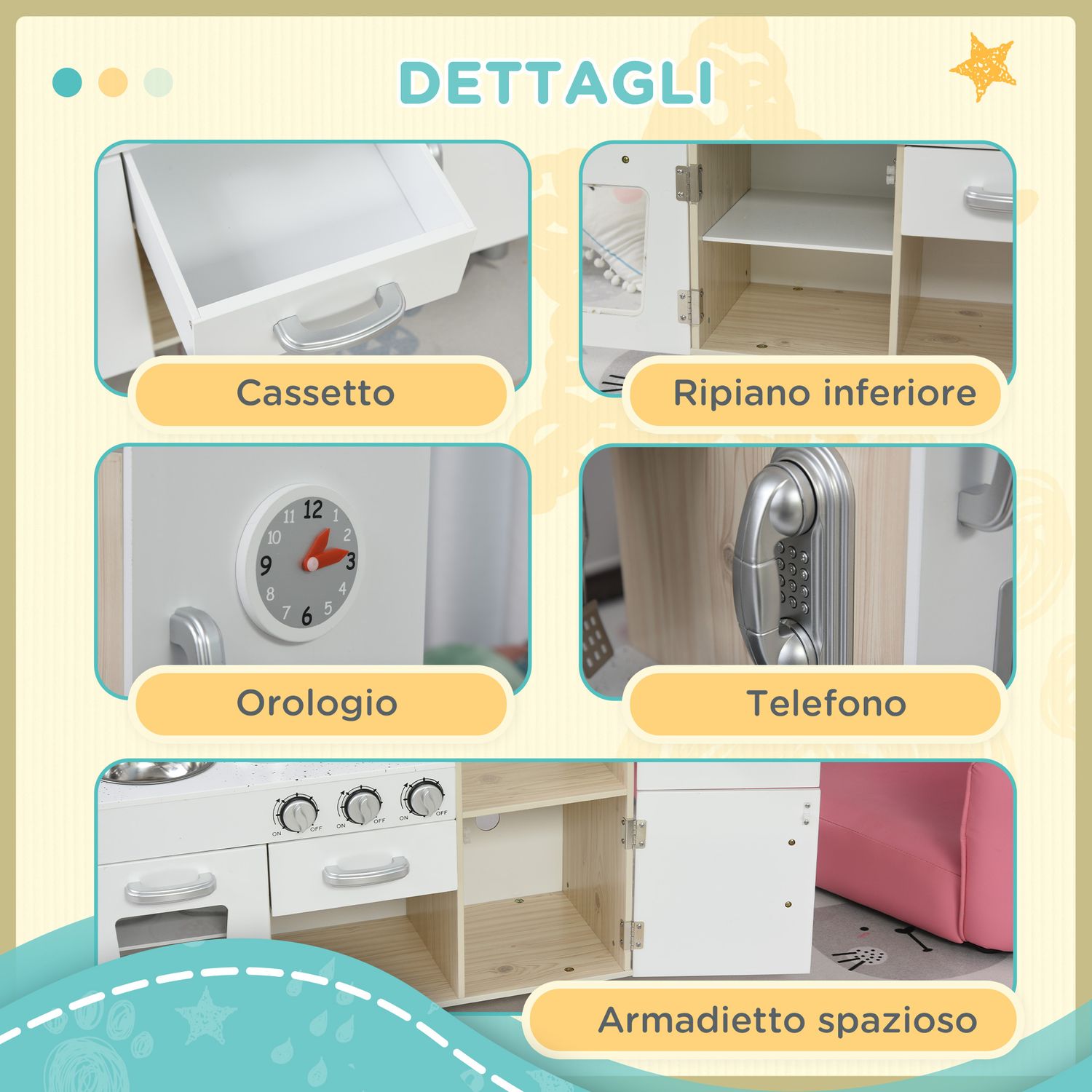 Cucina giocattolo in legno per bambini con lavandino e fornelli, pentole e utensili in acciaio, 74x30x81cm, bianco - 