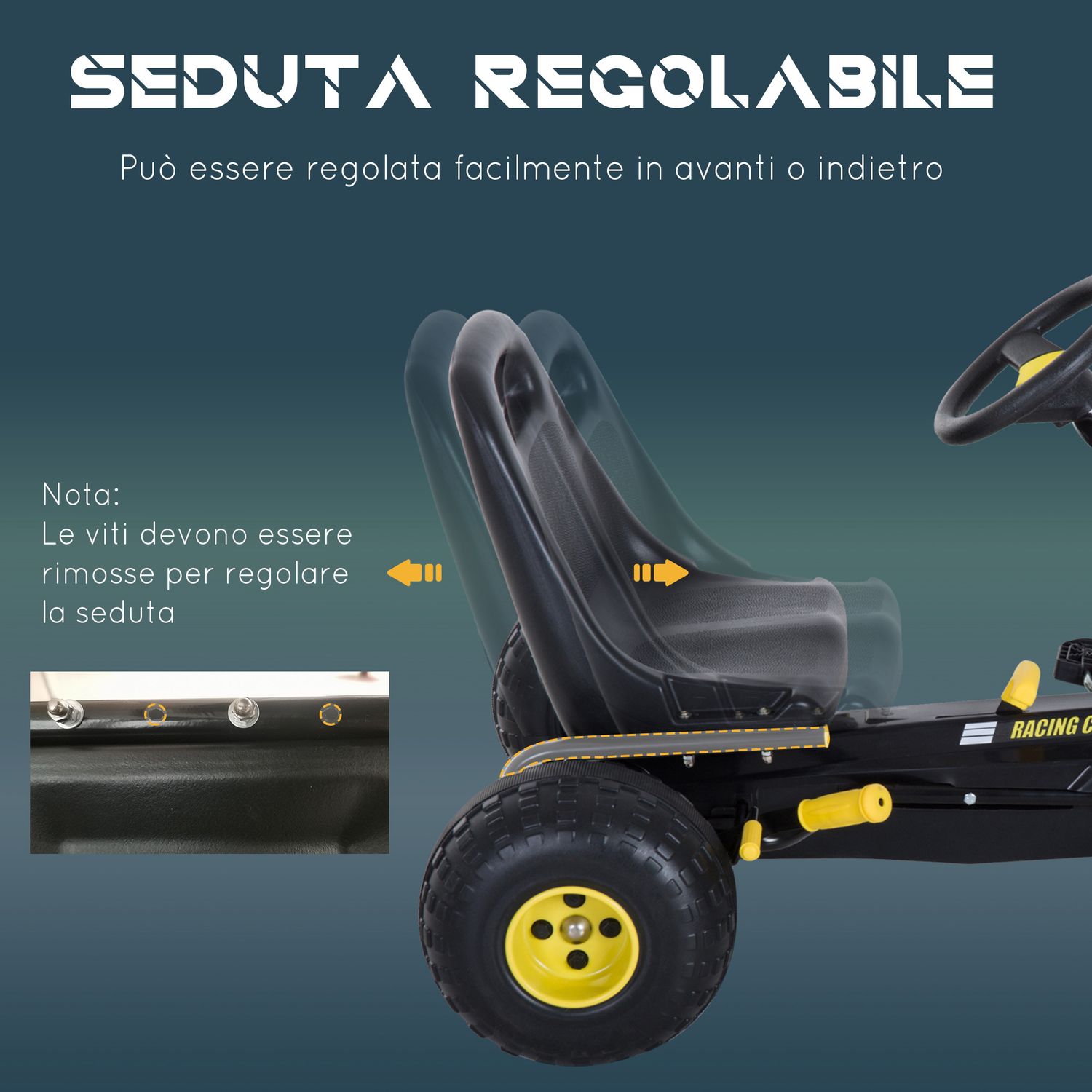 Go-kart a pedali per bambini con sedile regolabile, freno e frizione, 95x66.5x57cm, bianco nero - 