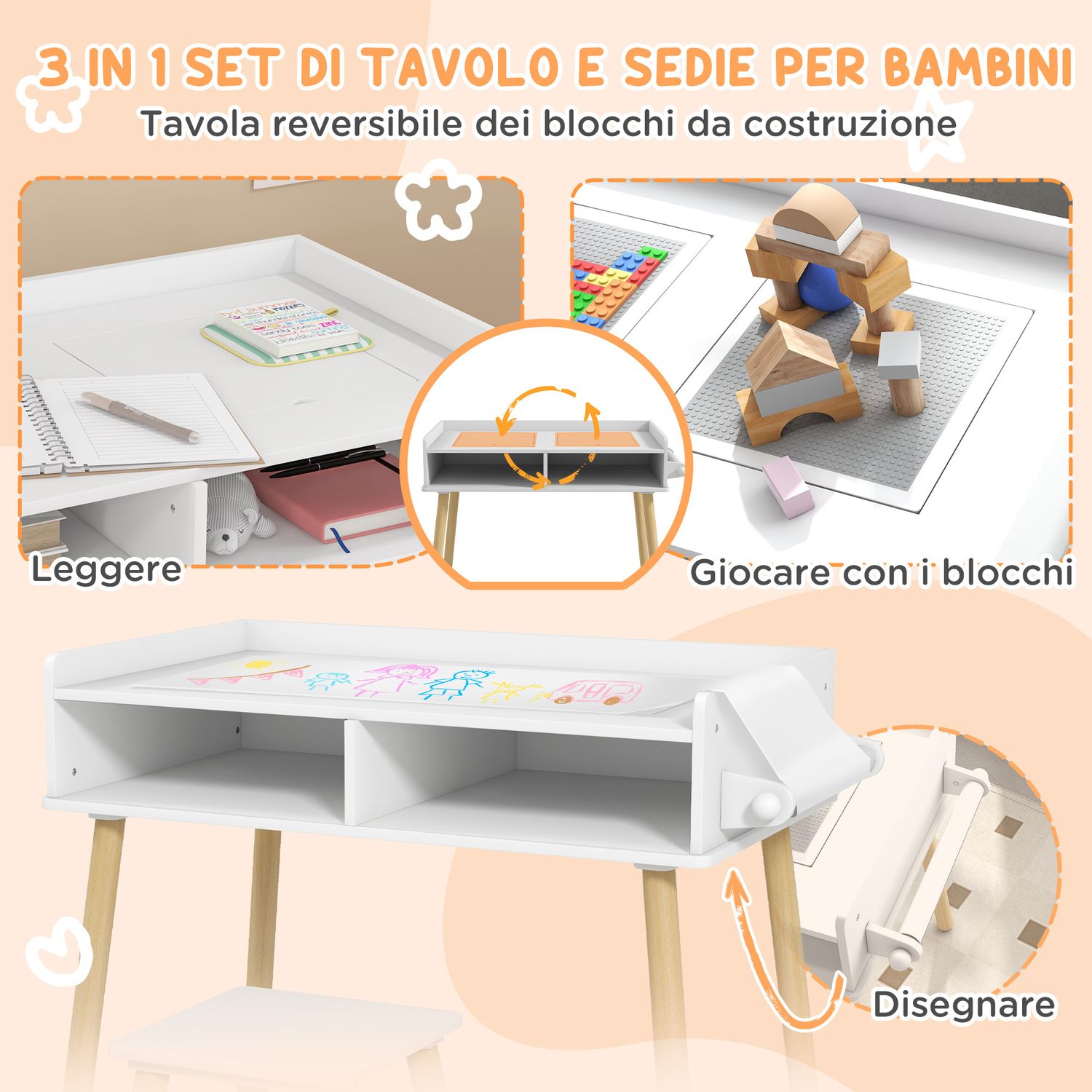 Set tavolino per bambini con sgabello, banchetto con piano reversibile e rotolo di carta, bianco - 