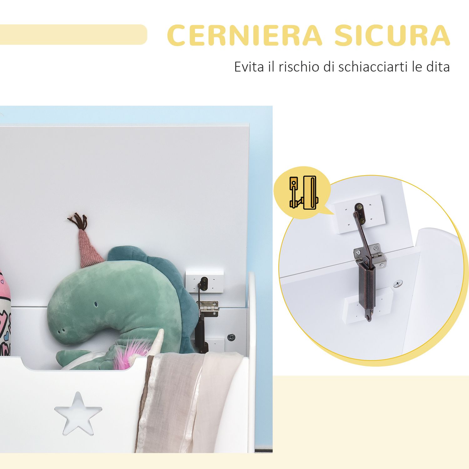 Baule contenitore portagiochi per bambini (62x40x46.5cm) in legno bianco con cerniere di sicurezza - 