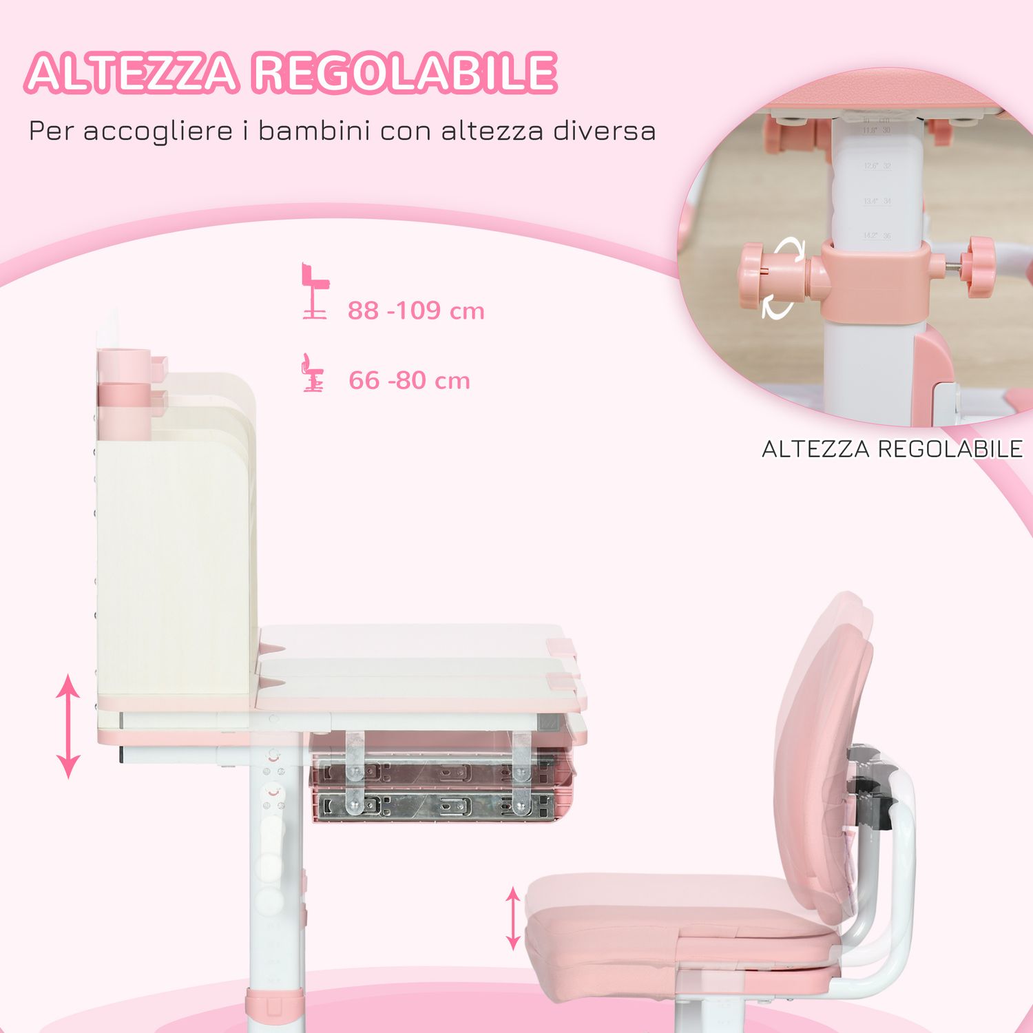 Banco scuola con sedia per bambini 3-12 anni, altezza regolabile e piano inclinabile, rosa - 