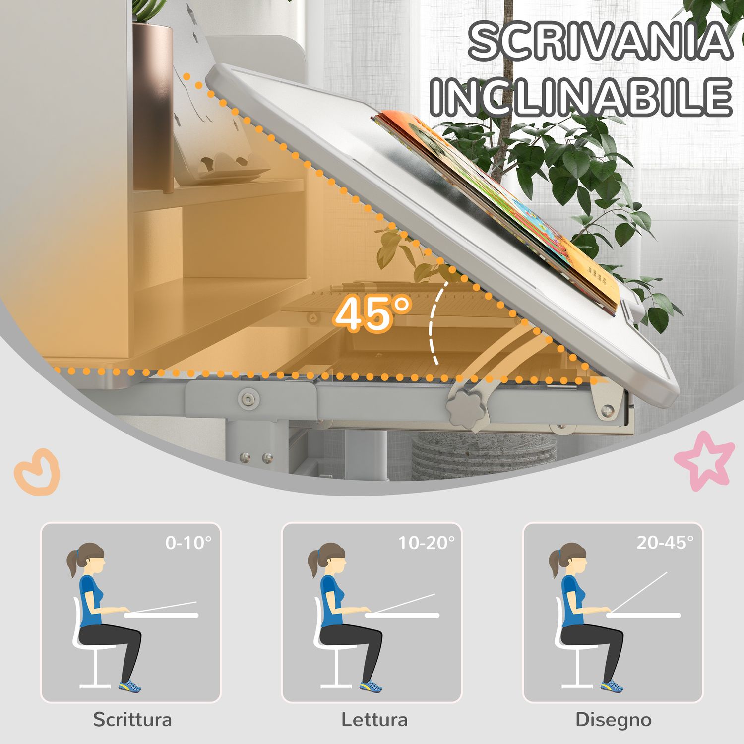 Set scrivania per bambini con sedia regolabile in altezza e piano inclinabile, età 6-12 anni, grigio - 